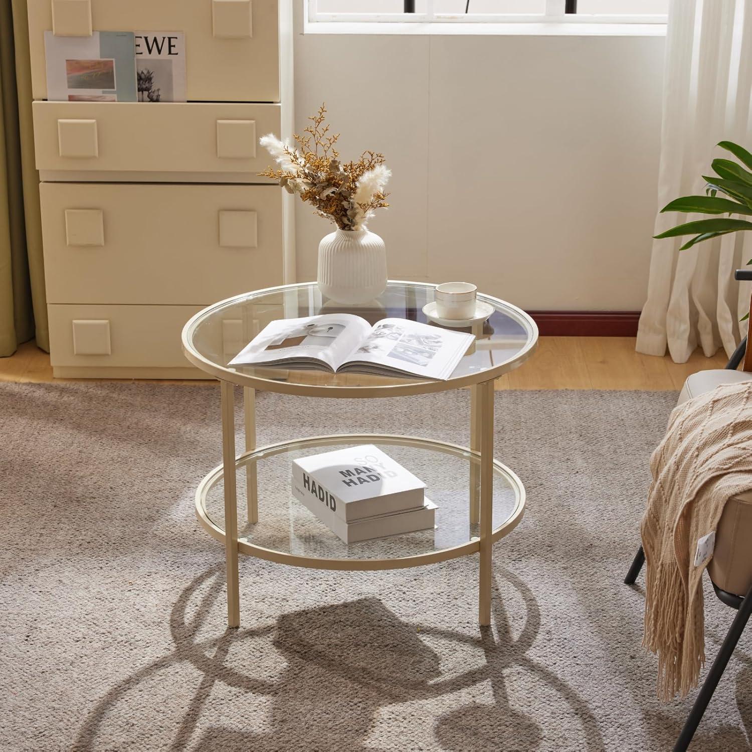 imageVINGLI 256quot Small Light Bright Green Round Coffee Table WaterWave Glass Circle Clear Center Coffee Table with 2Tier Modern Storage Design for Living Room Bedroom Meeting Room Balcony PatioClearbeige