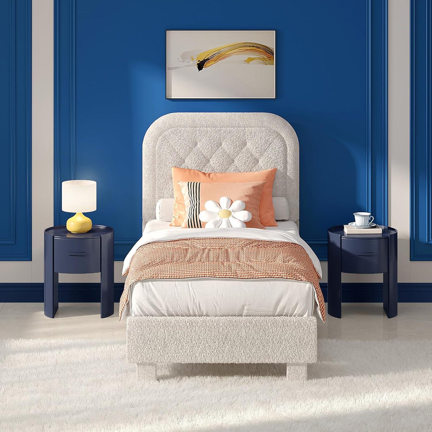 imageVINGLI Cloud Queen Bed Frame with Boucle HeadboardCozy Soft Platform Bed with Wooden Slats Cute Fabric Headboard Cream Modern StyleNoise FreeRounded CornersPinkWhite