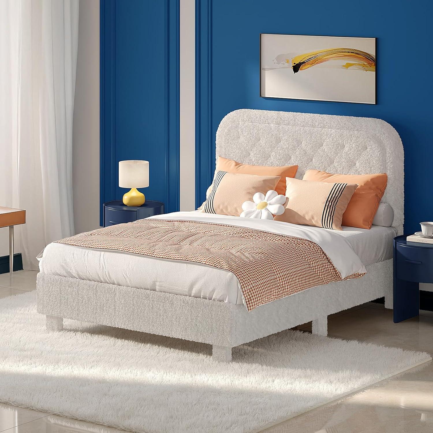 imageVINGLI Cloud Queen Bed Frame with Boucle HeadboardCozy Soft Platform Bed with Wooden Slats Cute Fabric Headboard Cream Modern StyleNoise FreeRounded CornersPinkWhite