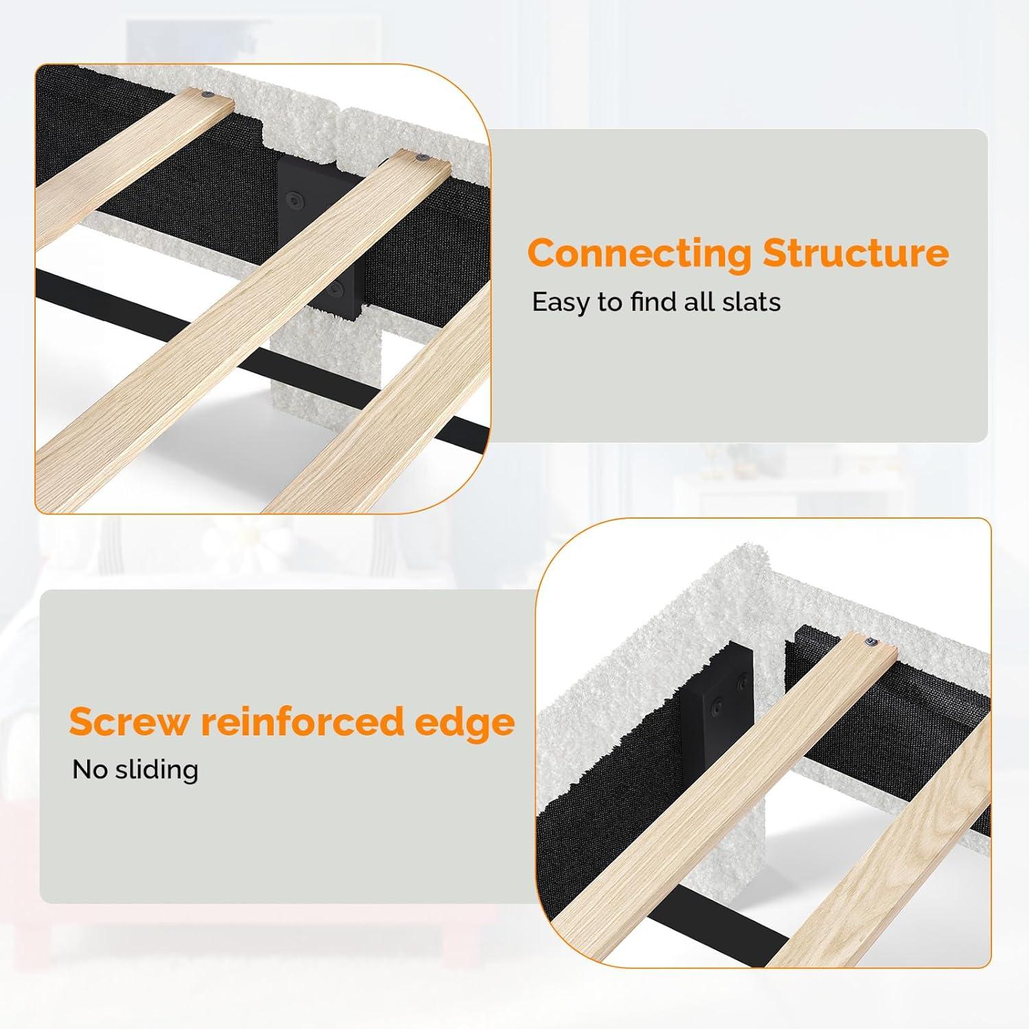 imageVINGLI Cloud Queen Bed Frame with Boucle HeadboardCozy Soft Platform Bed with Wooden Slats Cute Fabric Headboard Cream Modern StyleNoise FreeRounded CornersPinkWhite