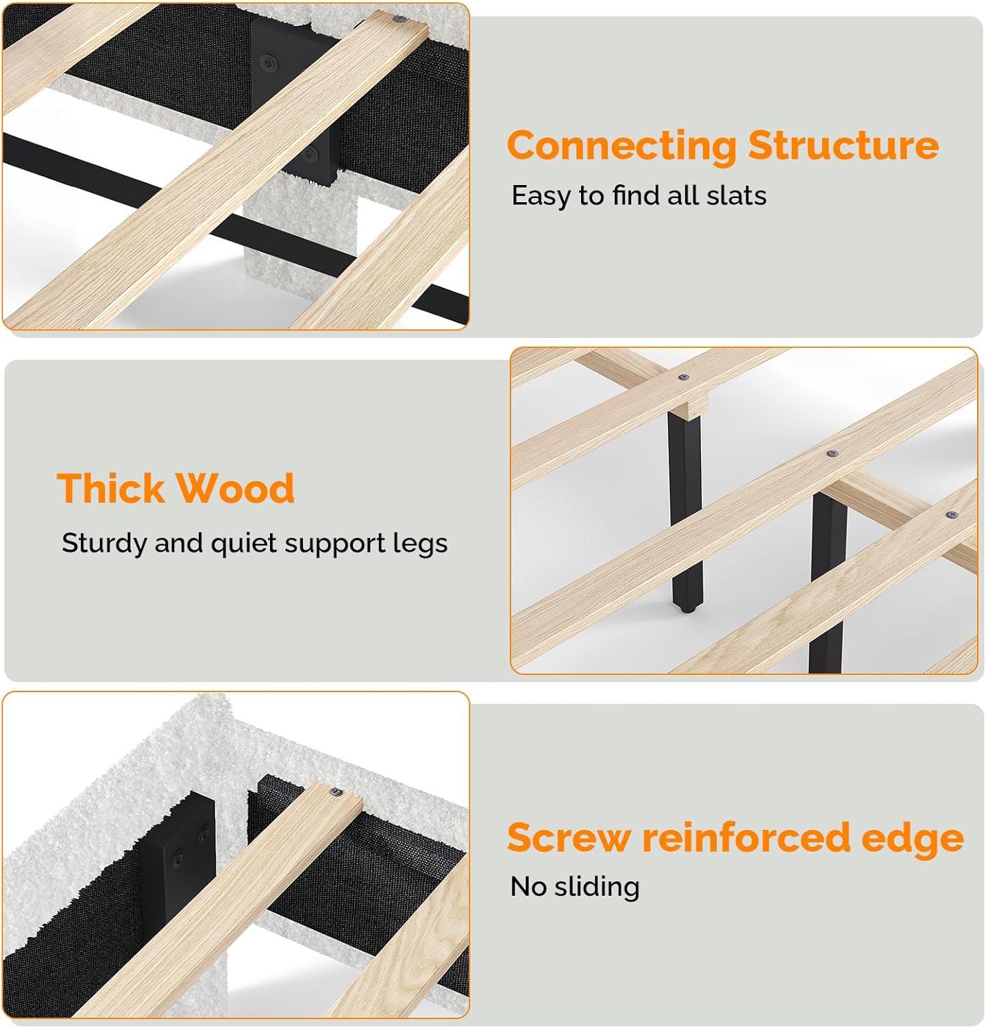 imageVINGLI Cloud Queen Bed Frame with Boucle HeadboardCozy Soft Platform Bed with Wooden Slats Cute Fabric Headboard Cream Modern StyleNoise FreeRounded CornersPinkWhite