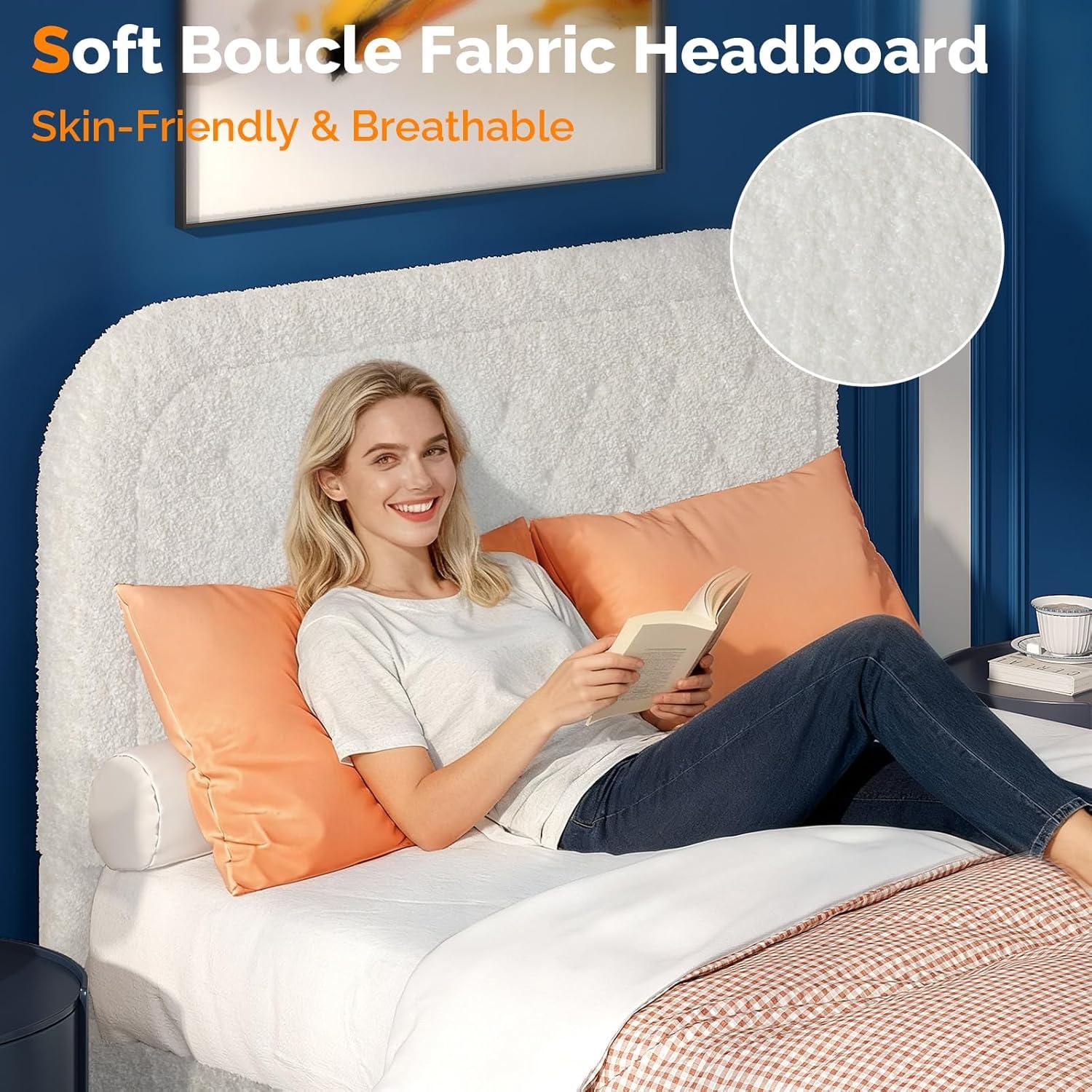 imageVINGLI Cloud Queen Bed Frame with Boucle HeadboardCozy Soft Platform Bed with Wooden Slats Cute Fabric Headboard Cream Modern StyleNoise FreeRounded CornersPinkWhite