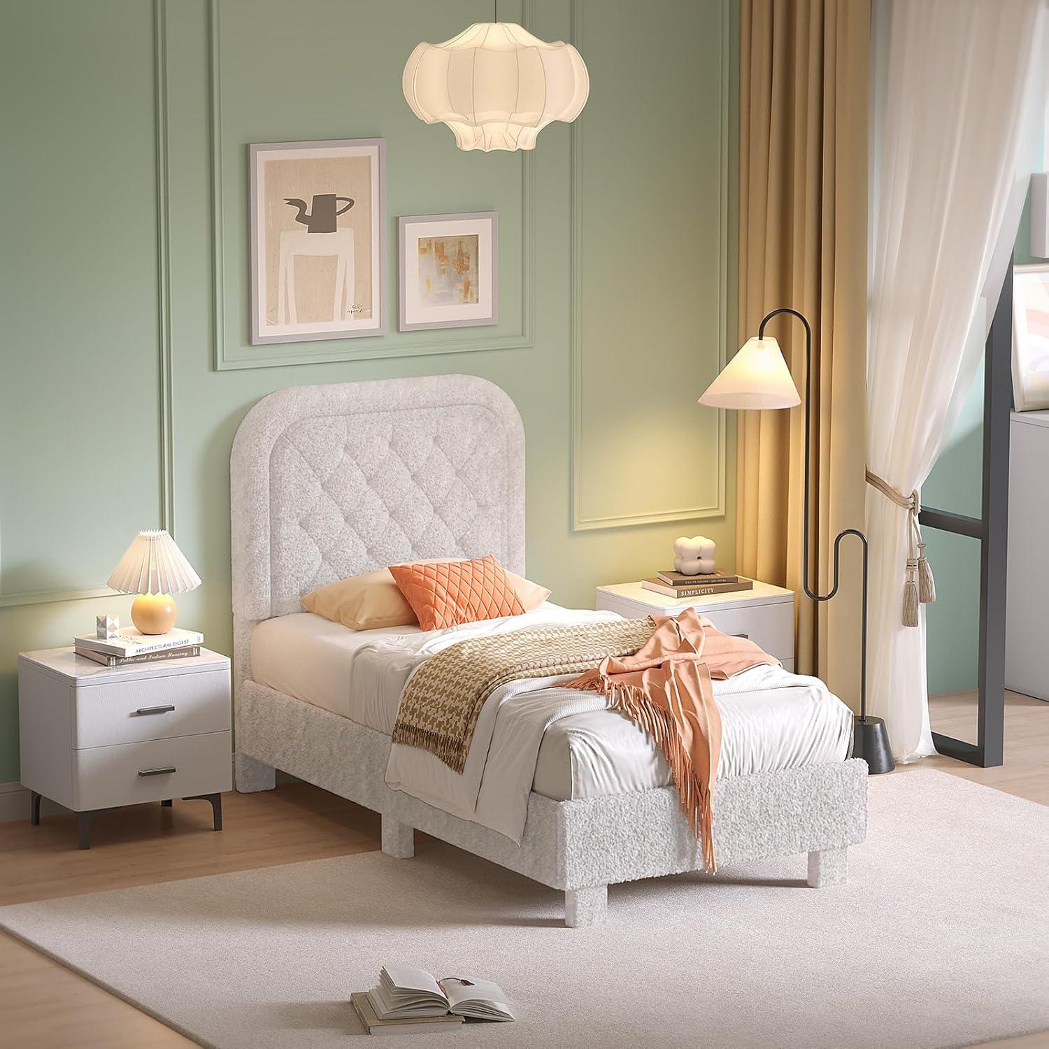 imageVINGLI Cloud Queen Bed Frame with Boucle HeadboardCozy Soft Platform Bed with Wooden Slats Cute Fabric Headboard Cream Modern StyleNoise FreeRounded CornersPinkWhite