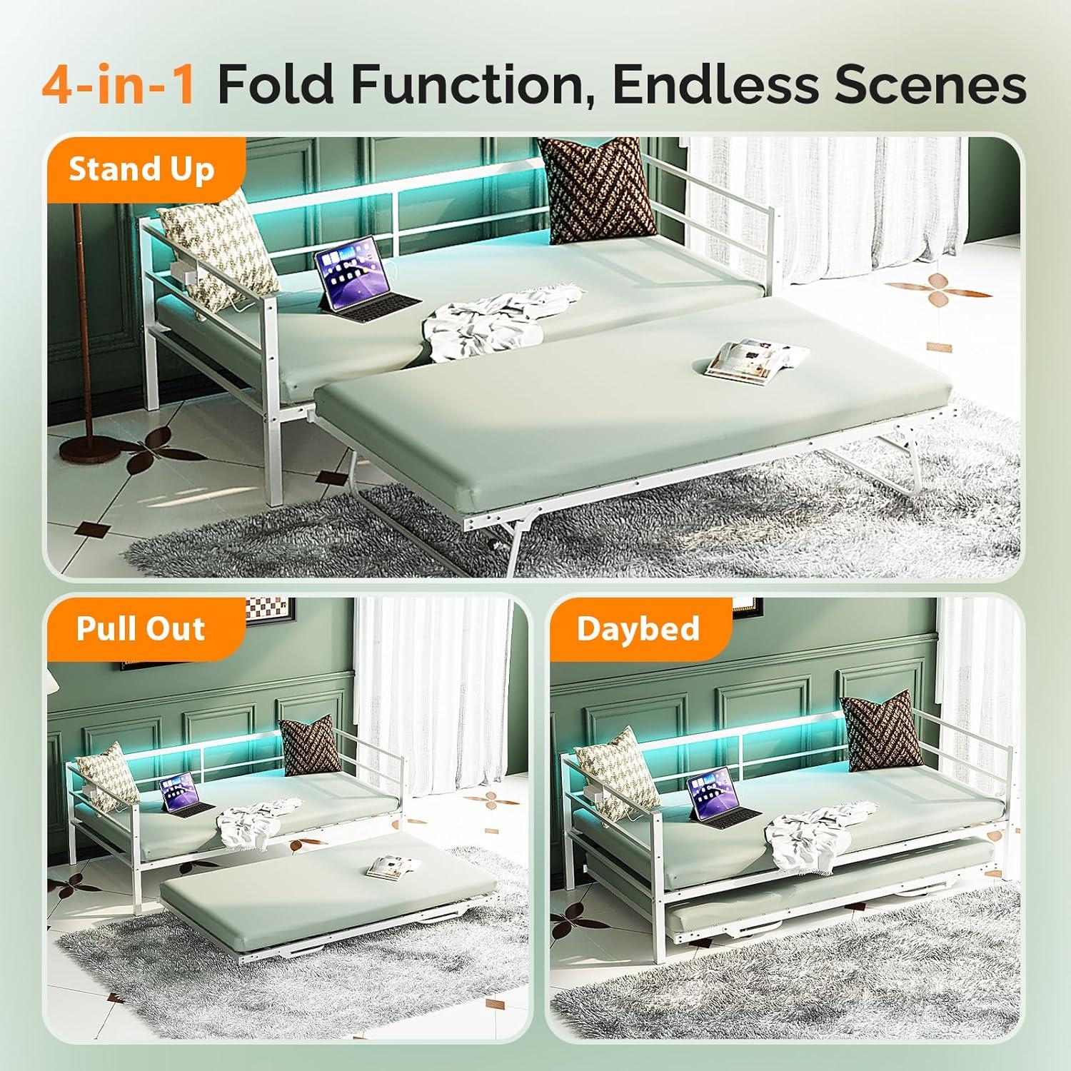 imageVINGLI Daybed with Trundle Bed Twin Metal Trundle Day Bed Frame with Pop Up TrundleSofa Platform Bed with LED Lights and Charging StationPull Out Bed with Sturdy Steel Slats Support WhiteWhite