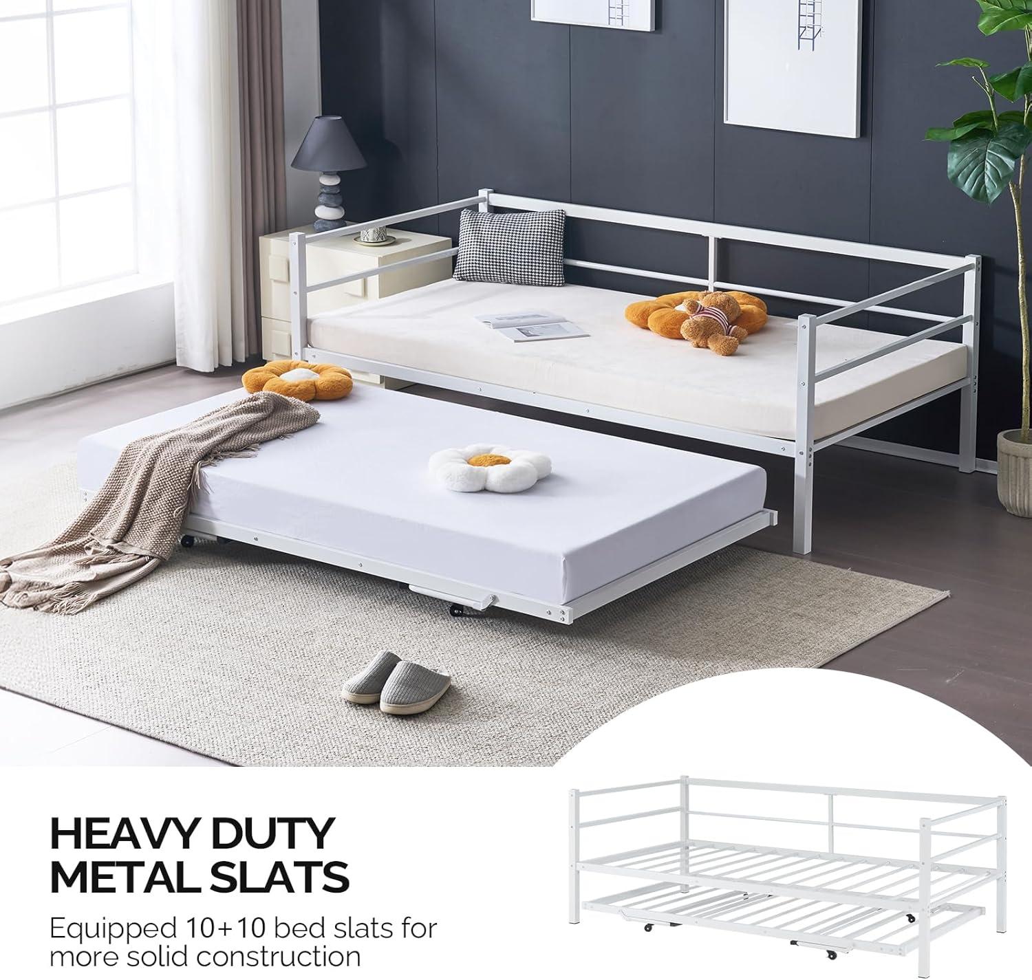 imageVINGLI Daybed with Trundle Bed Twin Metal Trundle Day Bed Frame with Pop Up TrundleSofa Platform Bed with LED Lights and Charging StationPull Out Bed with Sturdy Steel Slats Support WhiteWhite