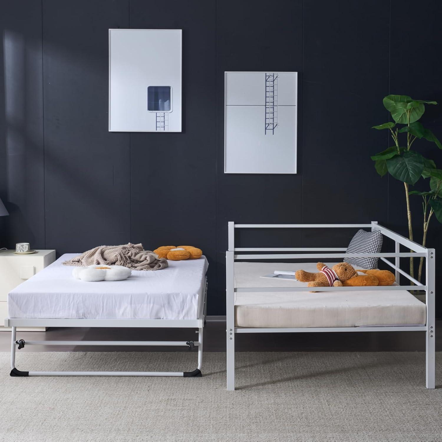imageVINGLI Daybed with Trundle Bed Twin Metal Trundle Day Bed Frame with Pop Up TrundleSofa Platform Bed with LED Lights and Charging StationPull Out Bed with Sturdy Steel Slats Support WhiteWhite
