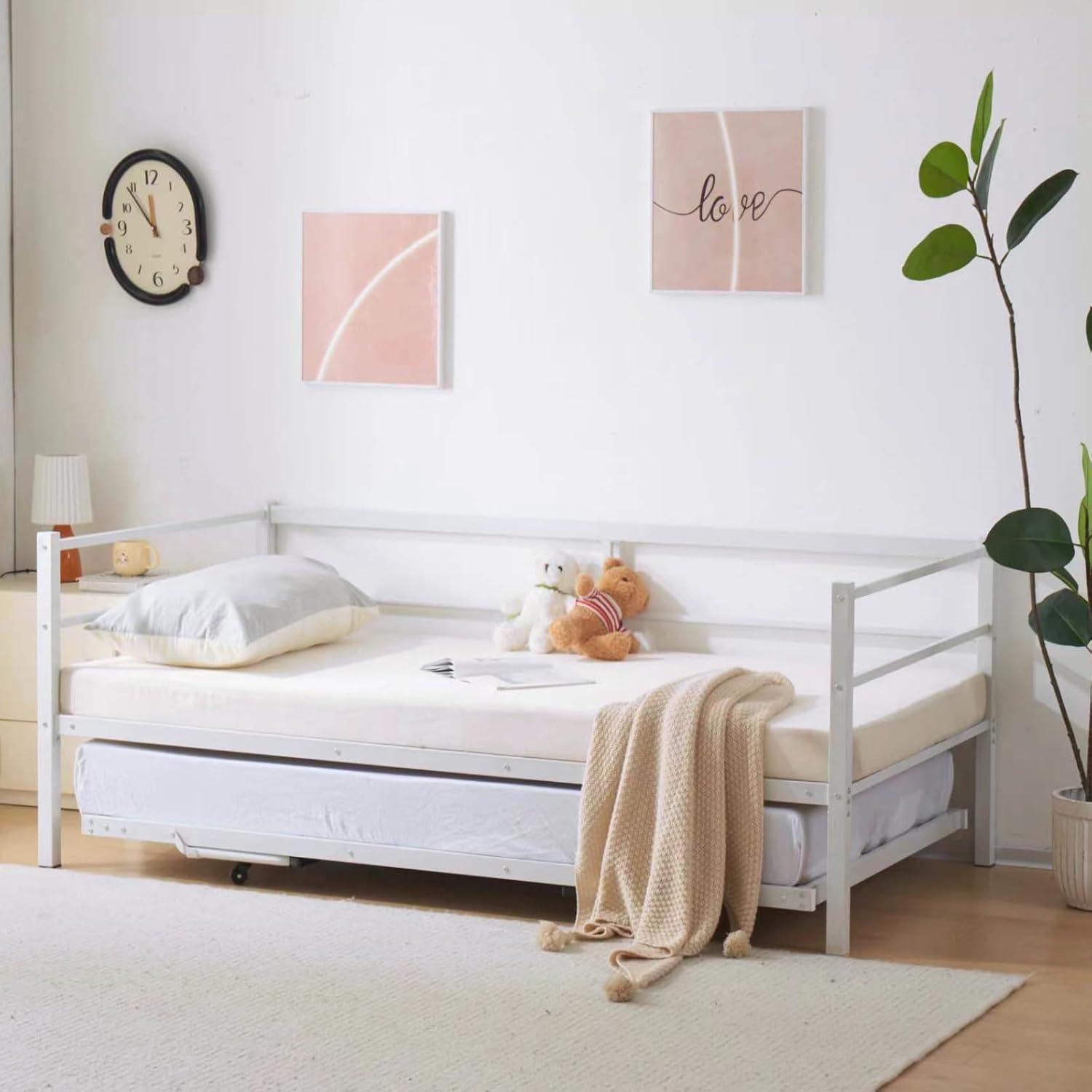 imageVINGLI Daybed with Trundle Bed Twin Metal Trundle Day Bed Frame with Pop Up TrundleSofa Platform Bed with LED Lights and Charging StationPull Out Bed with Sturdy Steel Slats Support WhiteWhite