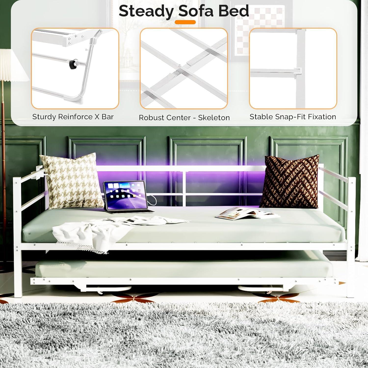 imageVINGLI Daybed with Trundle Bed Twin Metal Trundle Day Bed Frame with Pop Up TrundleSofa Platform Bed with LED Lights and Charging StationPull Out Bed with Sturdy Steel Slats Support WhiteWhite