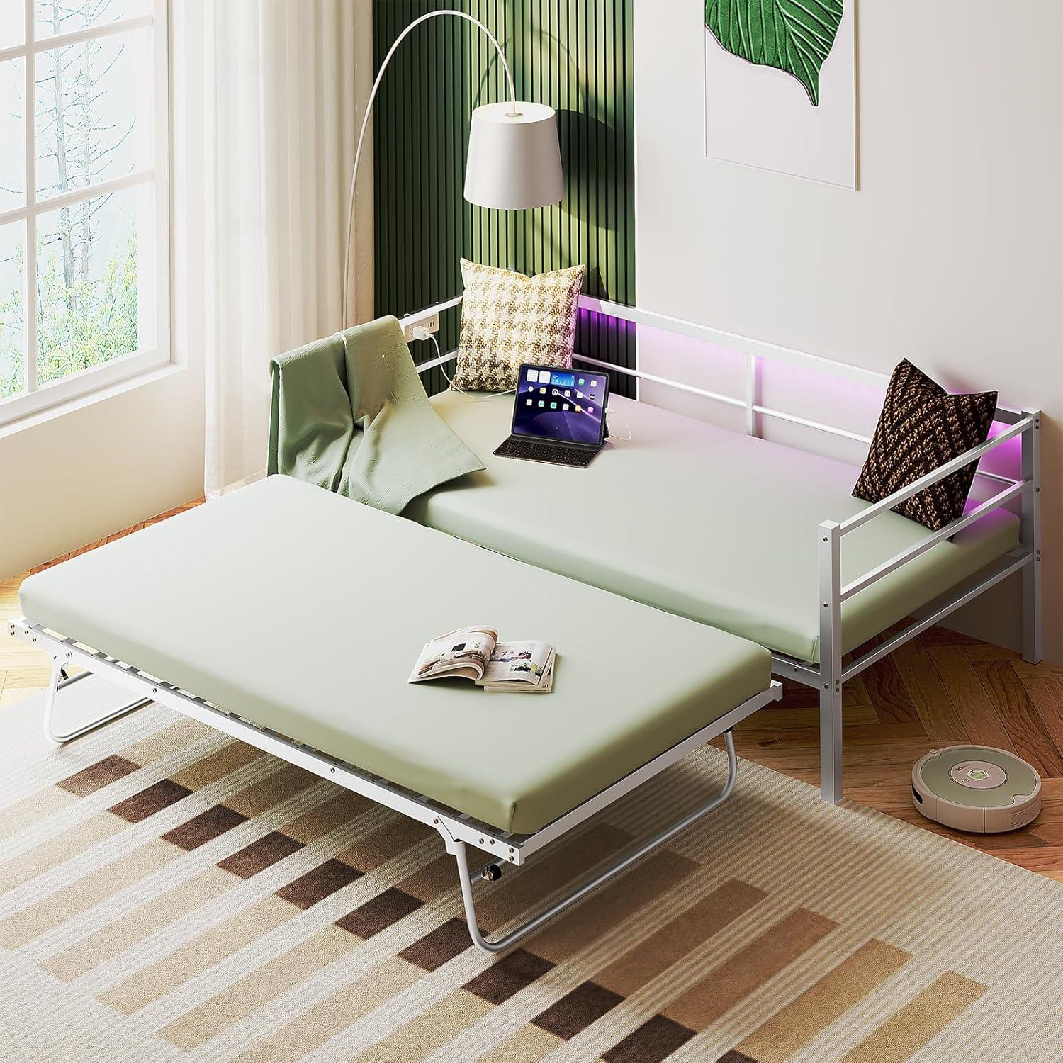 imageVINGLI Daybed with Trundle Bed Twin Metal Trundle Day Bed Frame with Pop Up TrundleSofa Platform Bed with LED Lights and Charging StationPull Out Bed with Sturdy Steel Slats Support WhiteWhite
