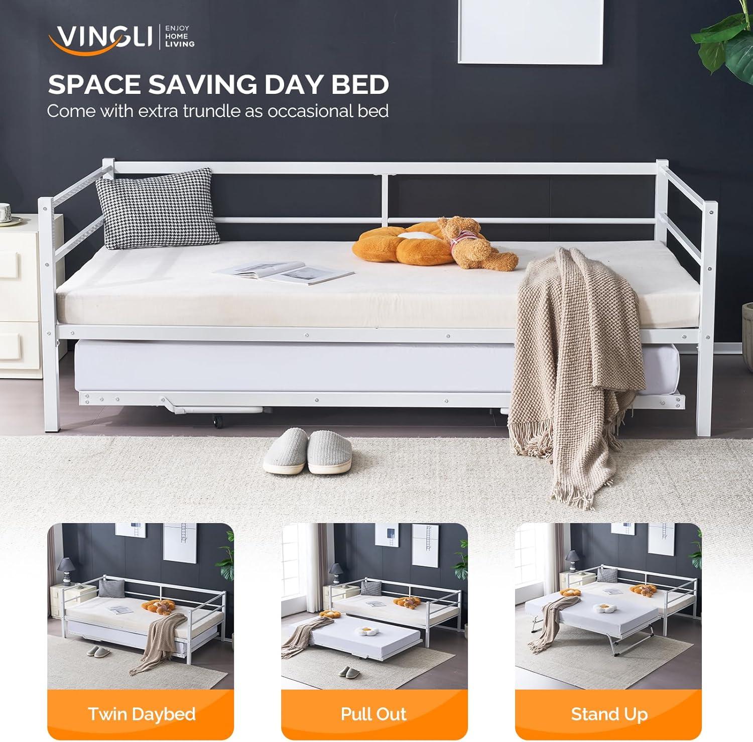 imageVINGLI Daybed with Trundle Bed Twin Metal Trundle Day Bed Frame with Pop Up TrundleSofa Platform Bed with LED Lights and Charging StationPull Out Bed with Sturdy Steel Slats Support WhiteWhite