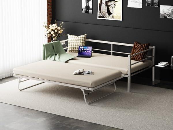 imageVINGLI Daybed with Trundle Bed Twin Metal Trundle Day Bed Frame with Pop Up TrundleSofa Platform Bed with LED Lights and Charging StationPull Out Bed with Sturdy Steel Slats Support WhiteWhite