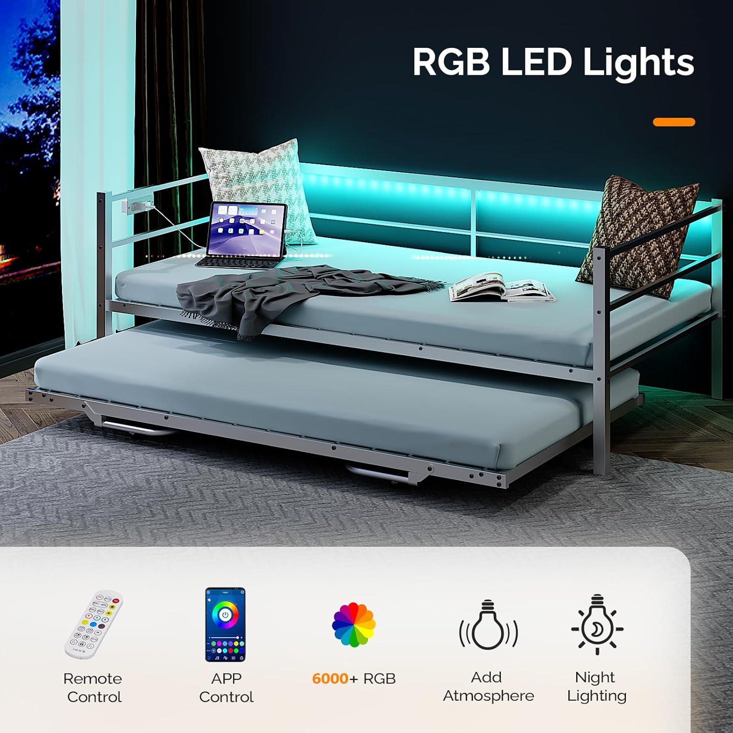 imageVINGLI Daybed with Trundle Bed Twin Metal Trundle Day Bed Frame with Pop Up TrundleSofa Platform Bed with LED Lights and Charging StationPull Out Bed with Sturdy Steel Slats Support WhiteWhite