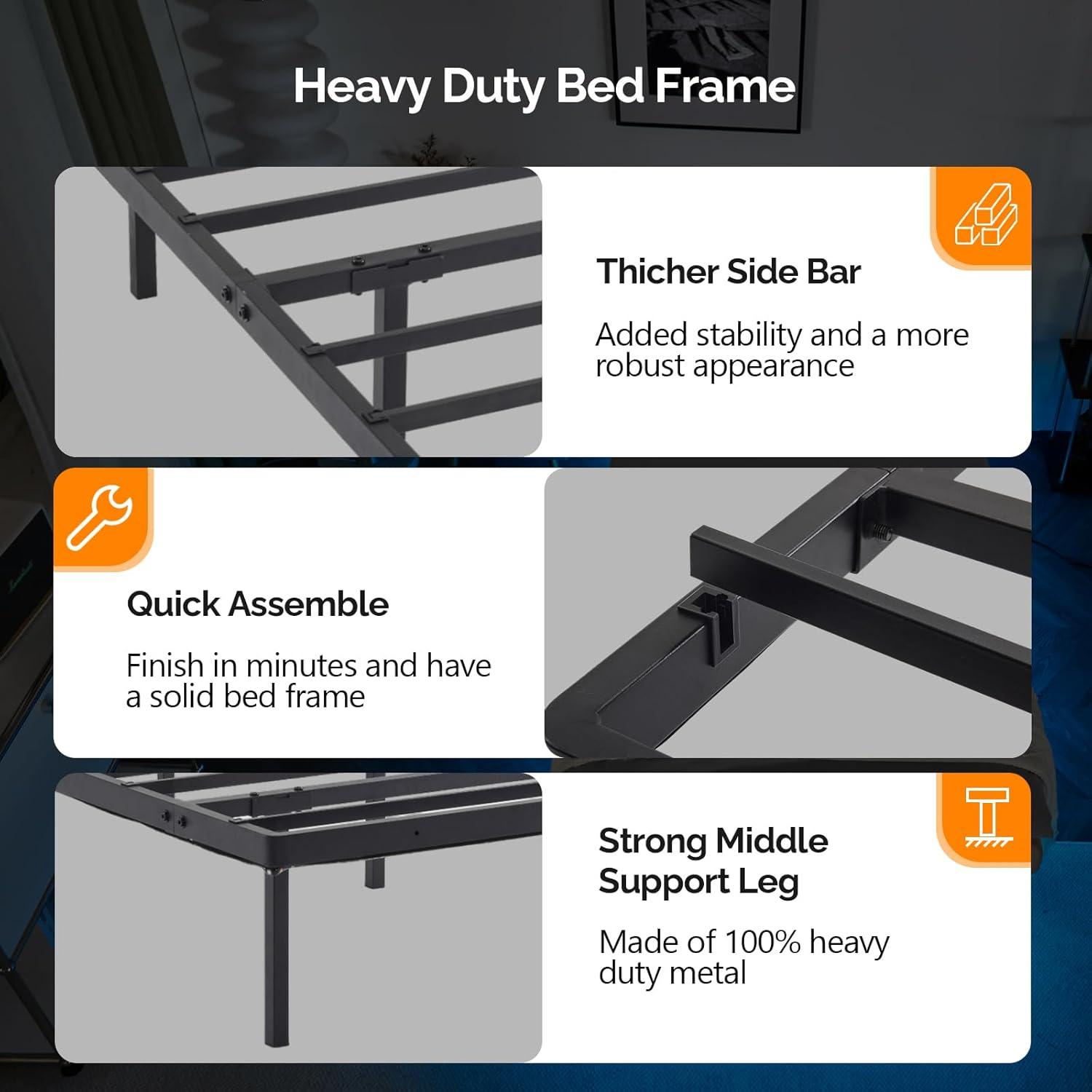 imageVINGLI Full Size Bed Frame with USB Charging StationLED Lights 14 Platform Bed Frame Full Size Heavy Duty Metal Bed No Box Spring NeededBlackBlack