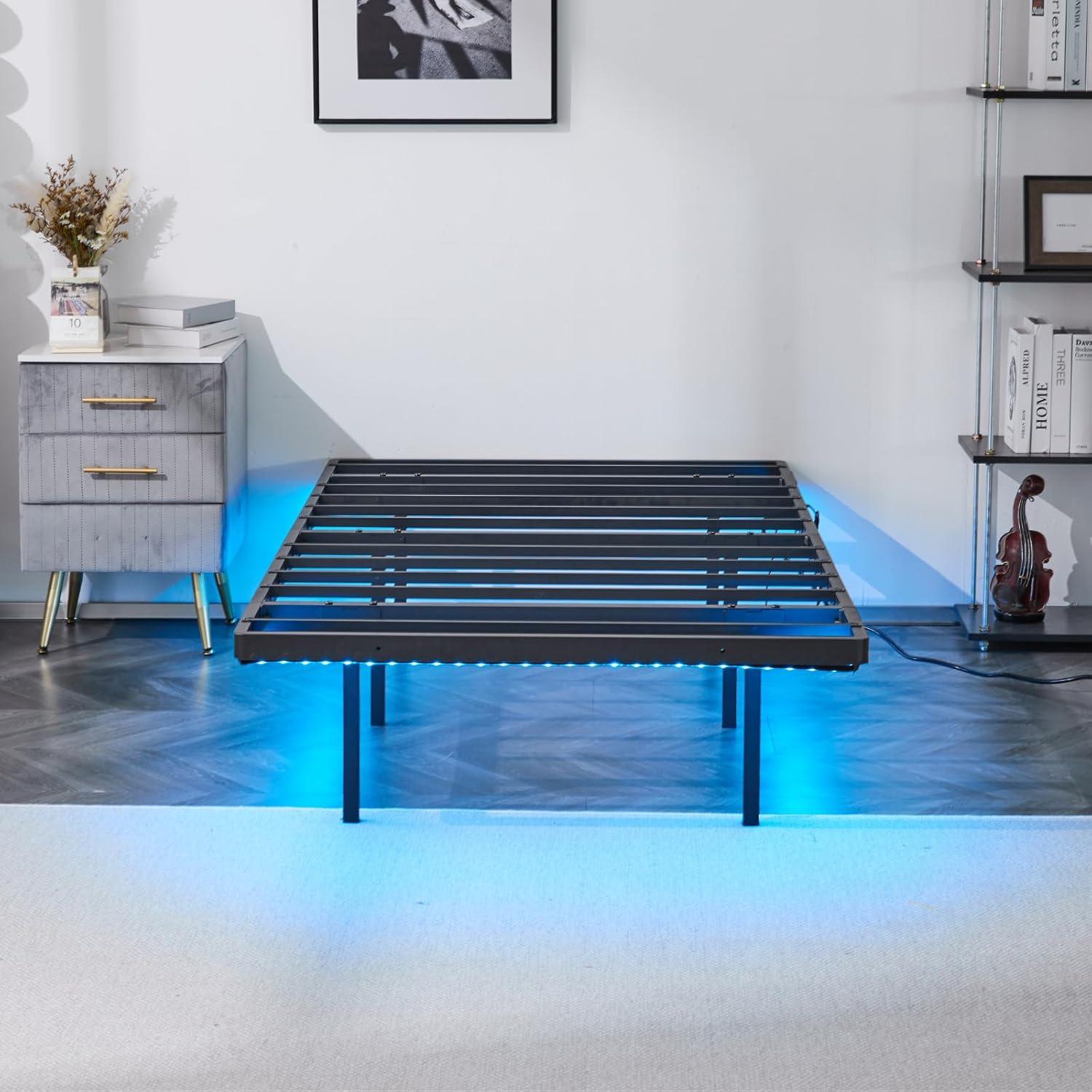imageVINGLI Full Size Bed Frame with USB Charging StationLED Lights 14 Platform Bed Frame Full Size Heavy Duty Metal Bed No Box Spring NeededBlackBlack