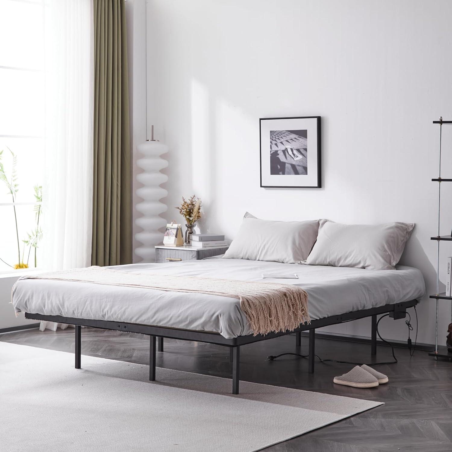 imageVINGLI Full Size Bed Frame with USB Charging StationLED Lights 14 Platform Bed Frame Full Size Heavy Duty Metal Bed No Box Spring NeededBlackBlack