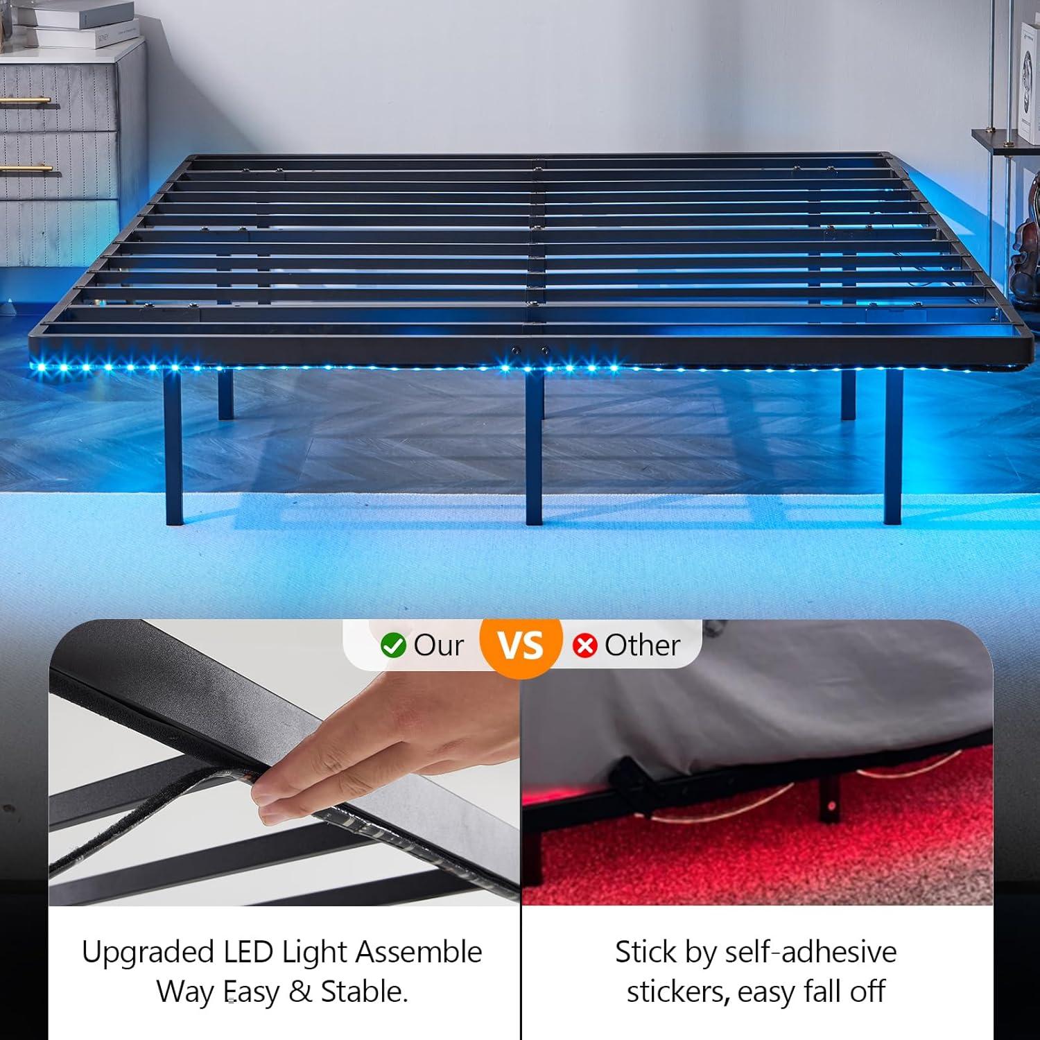 imageVINGLI Full Size Bed Frame with USB Charging StationLED Lights 14 Platform Bed Frame Full Size Heavy Duty Metal Bed No Box Spring NeededBlackBlack