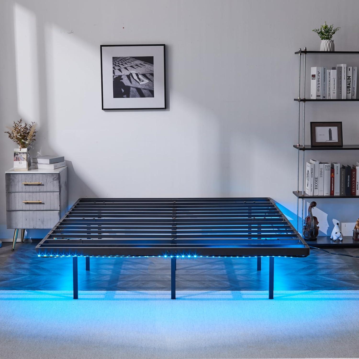 imageVINGLI Full Size Bed Frame with USB Charging StationLED Lights 14 Platform Bed Frame Full Size Heavy Duty Metal Bed No Box Spring NeededBlackBlack