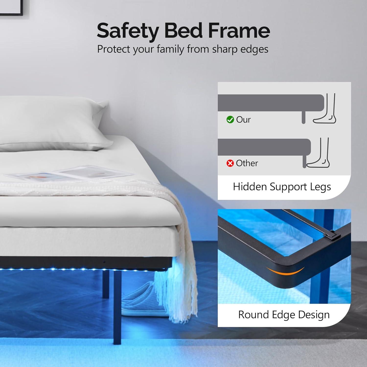 imageVINGLI Full Size Bed Frame with USB Charging StationLED Lights 14 Platform Bed Frame Full Size Heavy Duty Metal Bed No Box Spring NeededBlackBlack