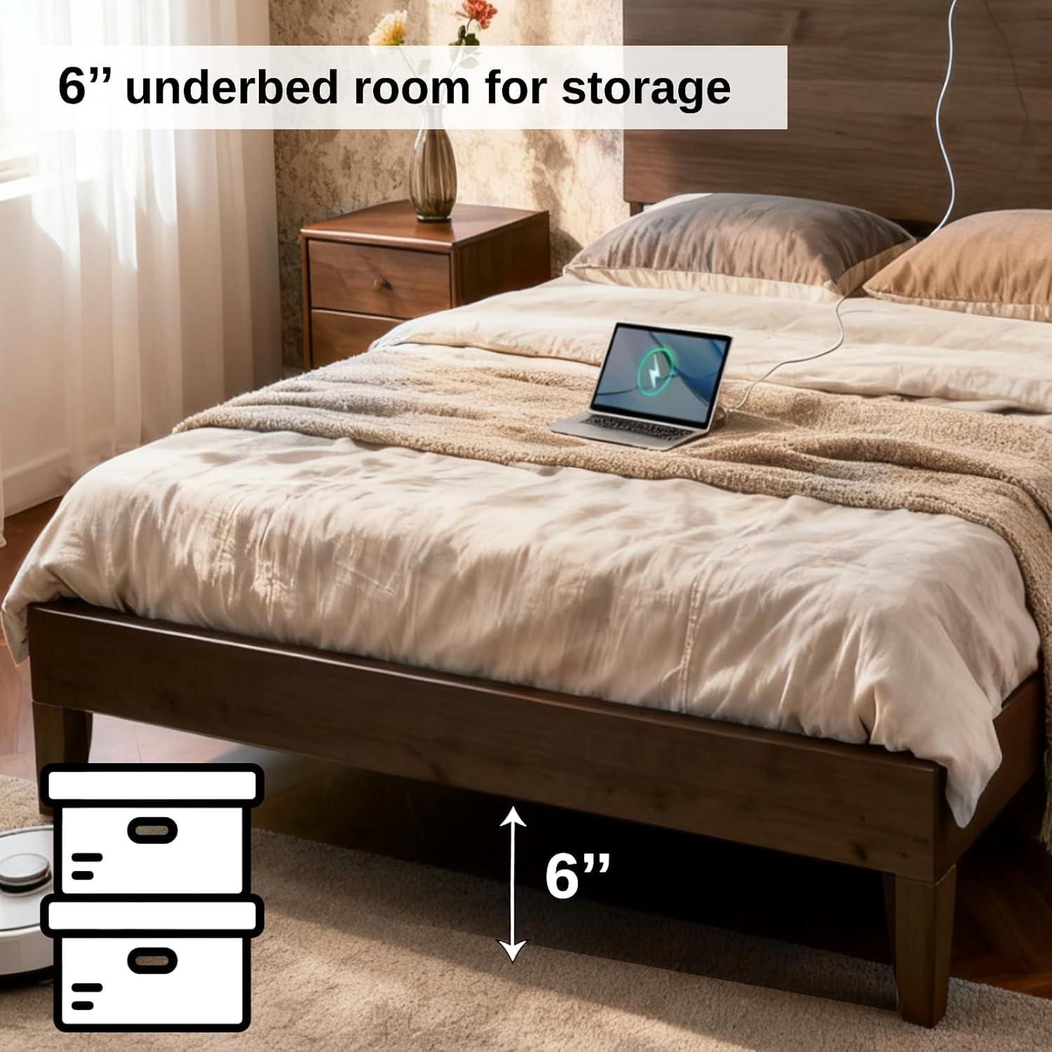 imageVINGLI Solid Wood King Bed Frame with Headboard Shelf and Charging StationRetroModern Platform Panel BedVintage MidCentury Style for Bedroom or Guest Room Walnut BrownWalnut Brown