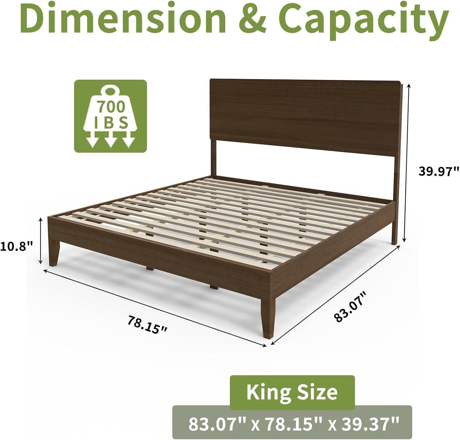 imageVINGLI Solid Wood King Bed Frame with Headboard Shelf and Charging StationRetroModern Platform Panel BedVintage MidCentury Style for Bedroom or Guest Room Walnut BrownWalnut Brown