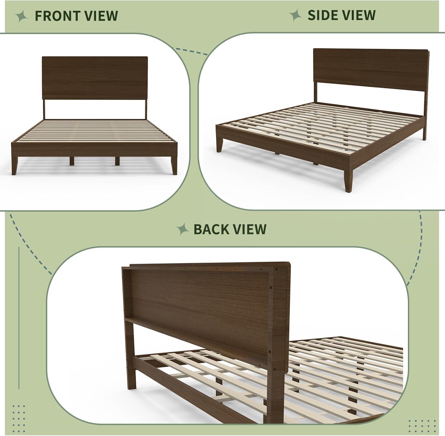 imageVINGLI Solid Wood King Bed Frame with Headboard Shelf and Charging StationRetroModern Platform Panel BedVintage MidCentury Style for Bedroom or Guest Room Walnut BrownWalnut Brown