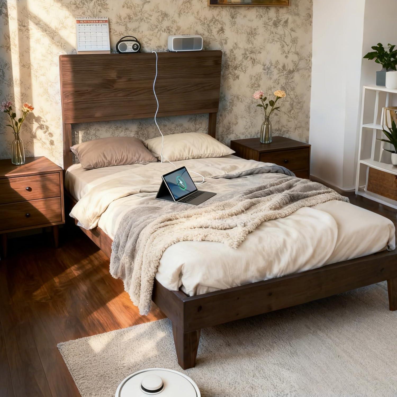 imageVINGLI Solid Wood King Bed Frame with Headboard Shelf and Charging StationRetroModern Platform Panel BedVintage MidCentury Style for Bedroom or Guest Room Walnut BrownWalnut Brown