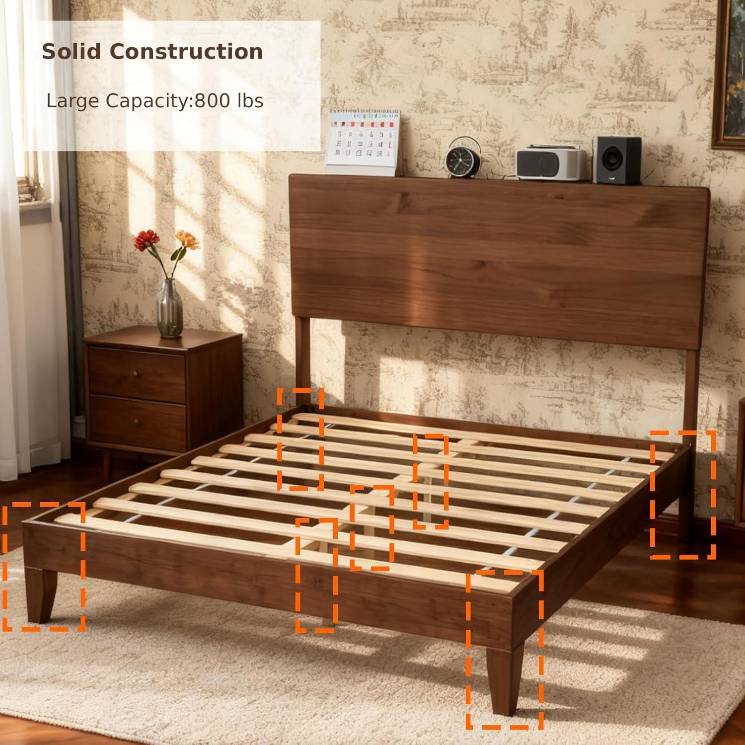 imageVINGLI Solid Wood King Bed Frame with Headboard Shelf and Charging StationRetroModern Platform Panel BedVintage MidCentury Style for Bedroom or Guest Room Walnut BrownWalnut Brown