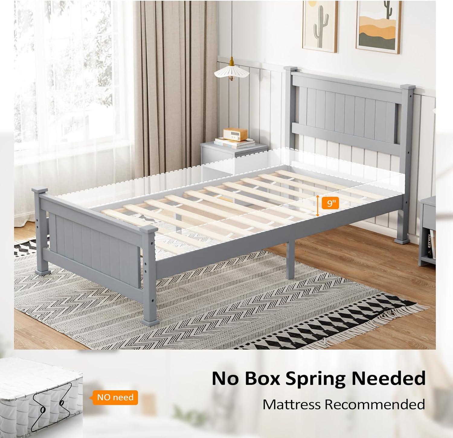 imageVINGLI Twin Bed Frame Solid Wood Platform Single Bed with Headboard No Box Spring Needed Panel Bed Wood Slat Support Mattress Foundation GrayGrey