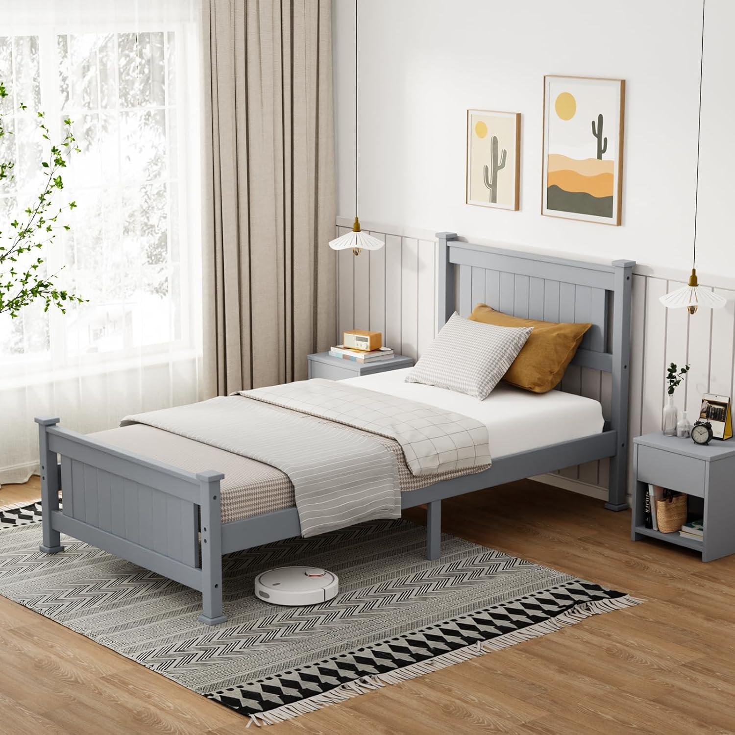 imageVINGLI Twin Bed Frame Solid Wood Platform Single Bed with Headboard No Box Spring Needed Panel Bed Wood Slat Support Mattress Foundation GrayGrey