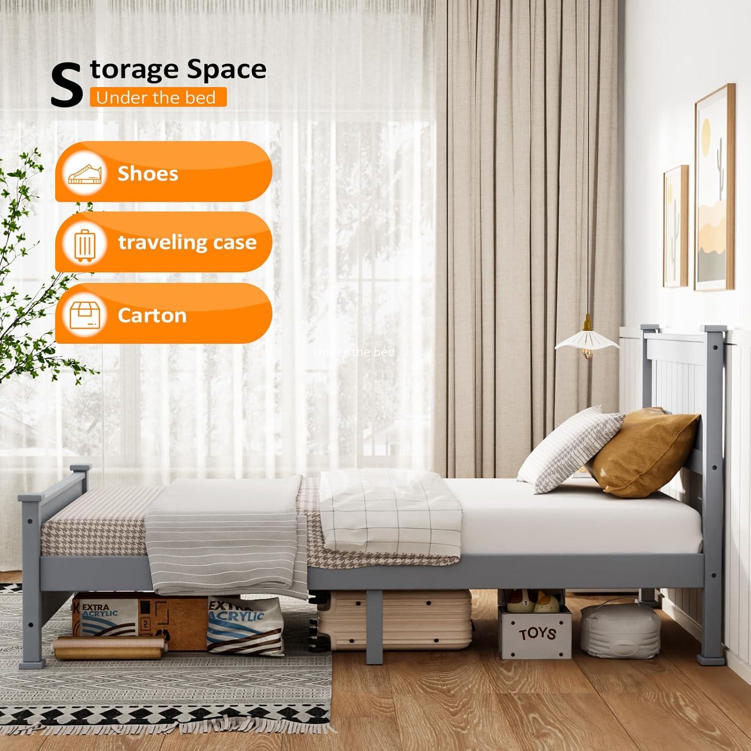 imageVINGLI Twin Bed Frame Solid Wood Platform Single Bed with Headboard No Box Spring Needed Panel Bed Wood Slat Support Mattress Foundation GrayGrey