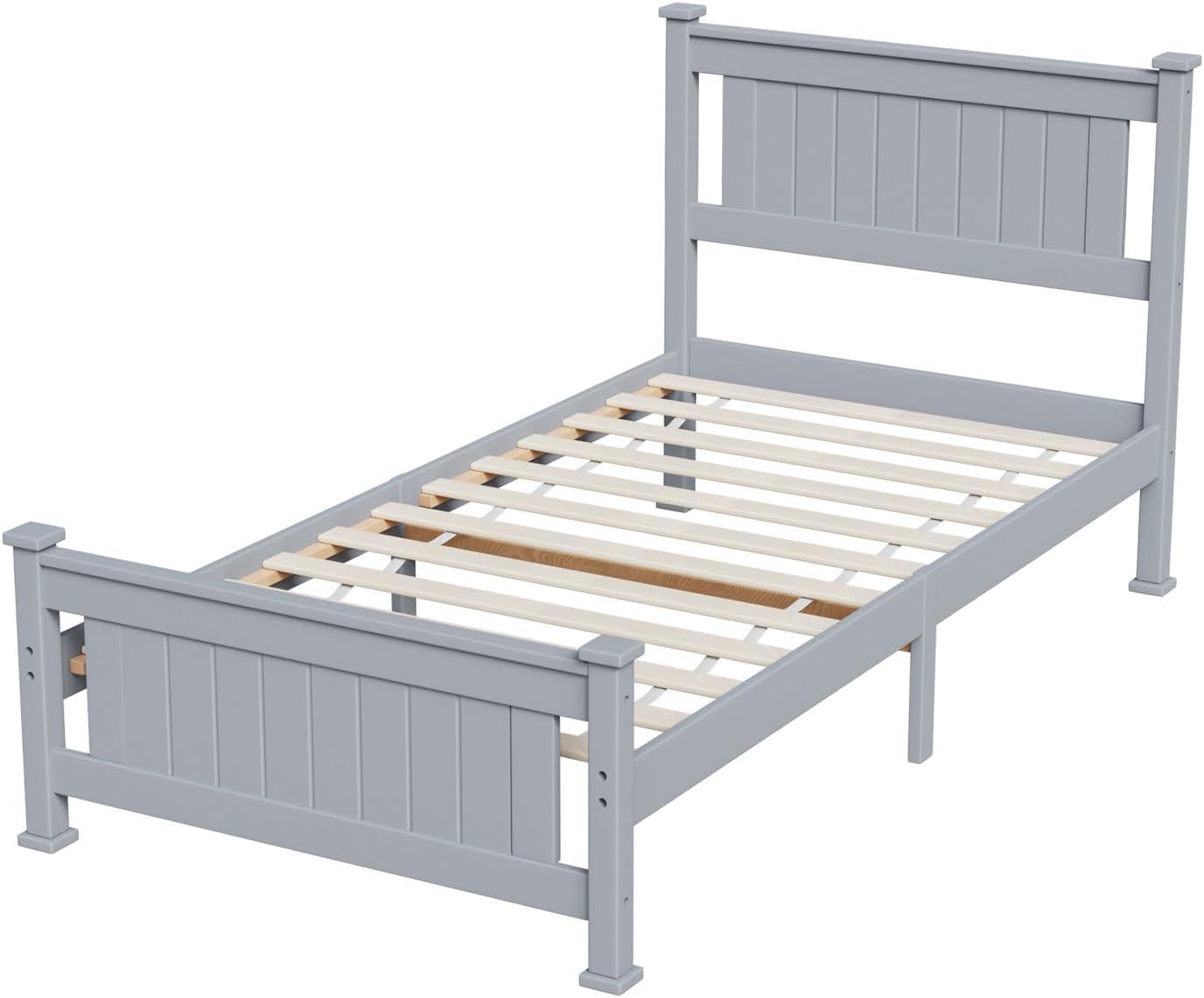 imageVINGLI Twin Bed Frame Solid Wood Platform Single Bed with Headboard No Box Spring Needed Panel Bed Wood Slat Support Mattress Foundation GrayGrey