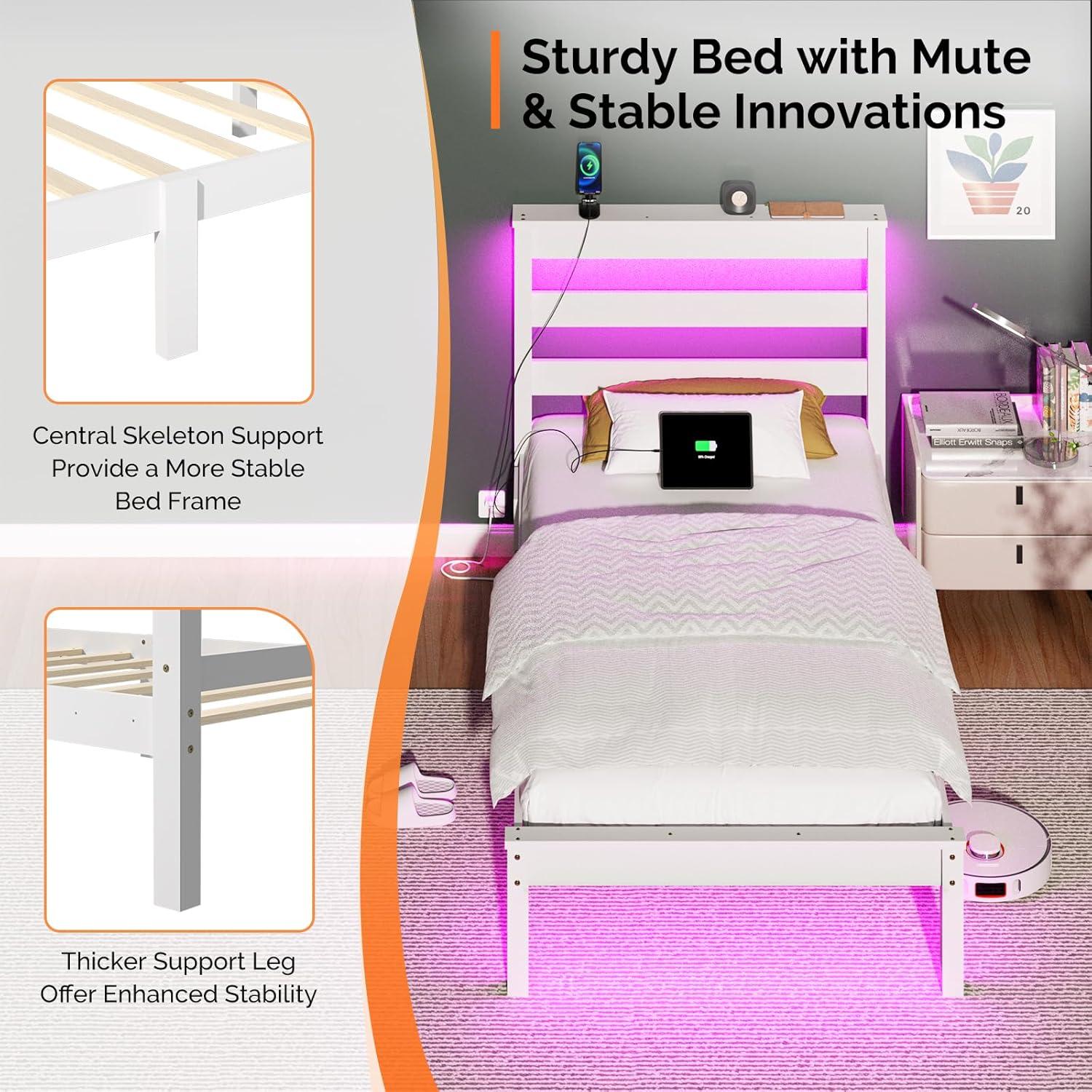 imageVINGLI Twin Bed Frame Solid Wood Platform Single Bed with Headboard No Box Spring Needed Panel Bed Wood Slat Support Mattress Foundation GrayLed White