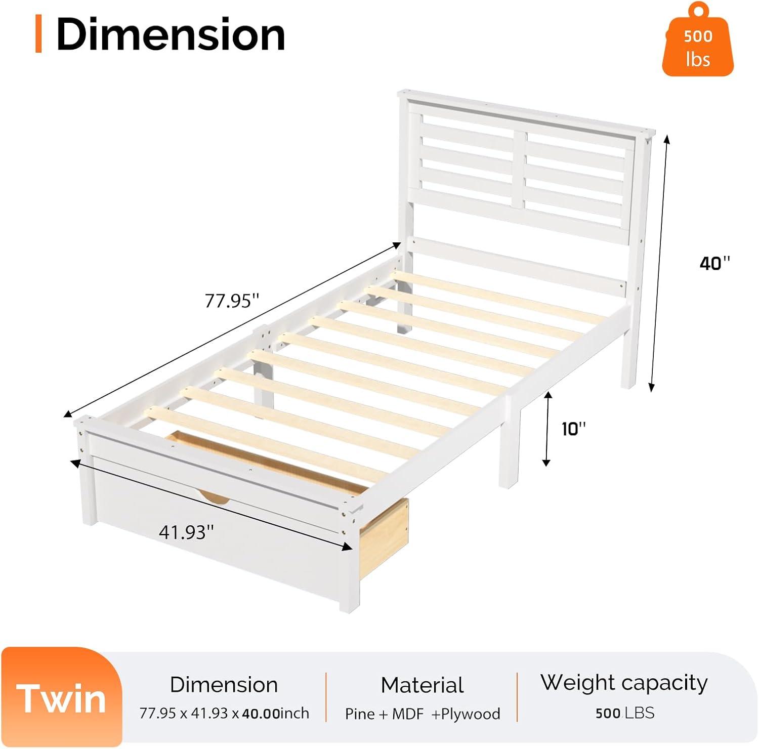 imageVINGLI Twin Bed Frame Solid Wood Platform Single Bed with Headboard No Box Spring Needed Panel Bed Wood Slat Support Mattress Foundation GrayLed White