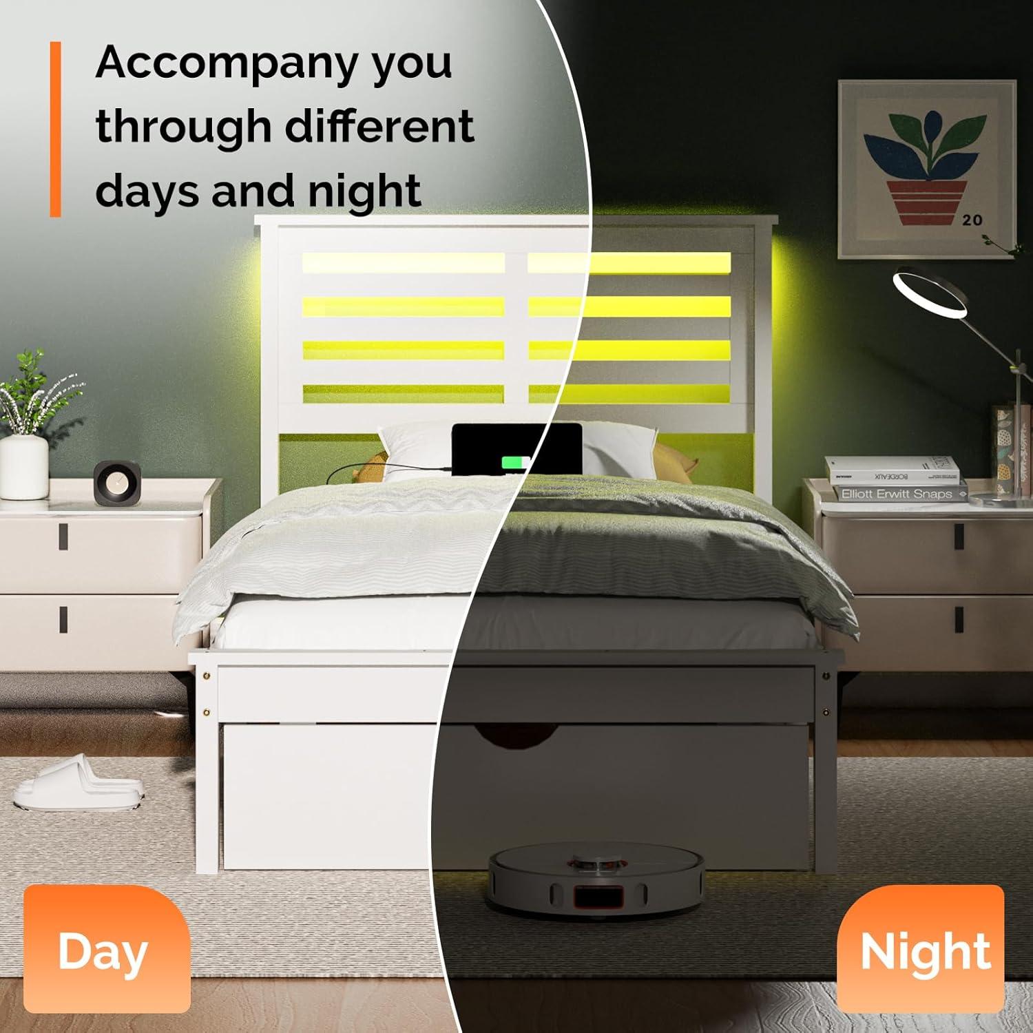 imageVINGLI Twin Bed Frame Solid Wood Platform Single Bed with Headboard No Box Spring Needed Panel Bed Wood Slat Support Mattress Foundation GrayLed White