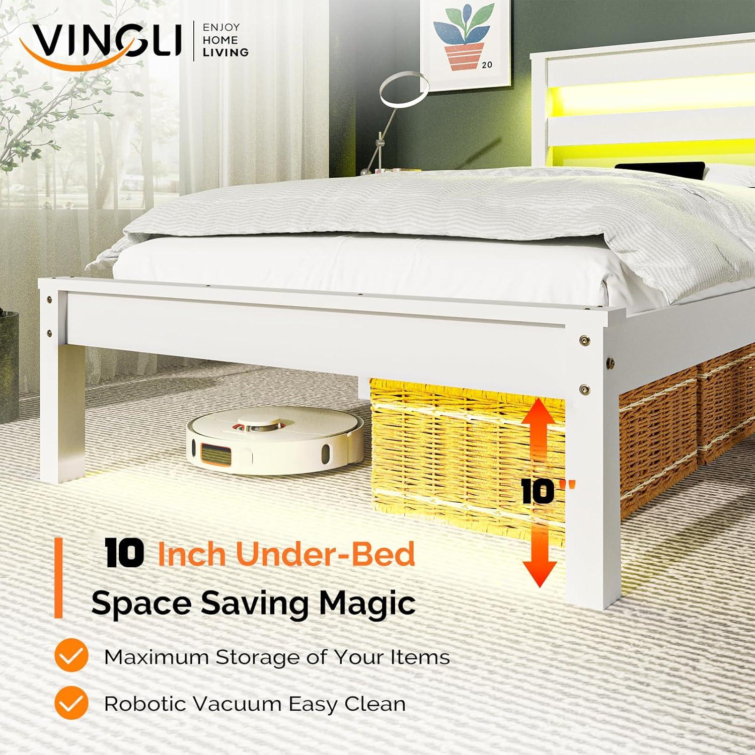 imageVINGLI Twin Bed Frame Solid Wood Platform Single Bed with Headboard No Box Spring Needed Panel Bed Wood Slat Support Mattress Foundation GrayLed White