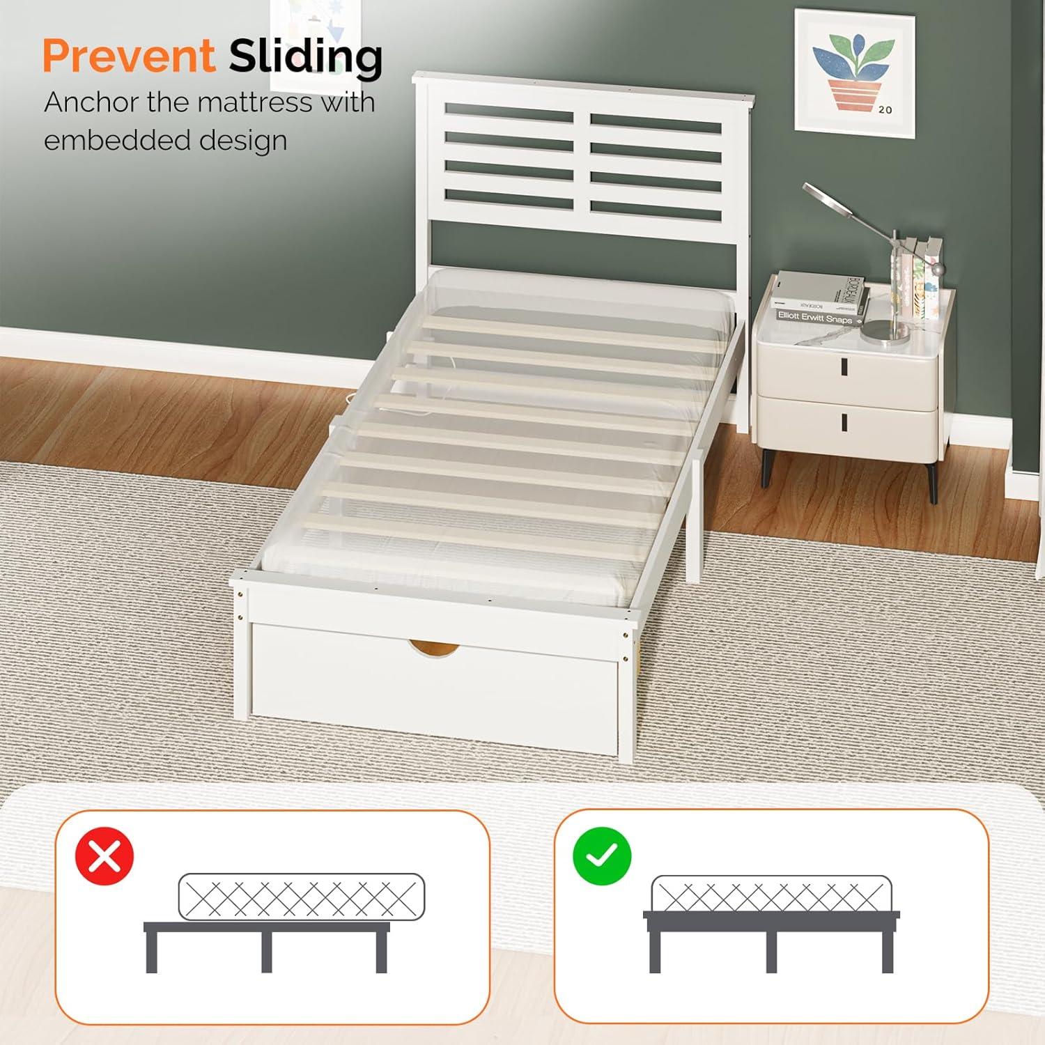 imageVINGLI Twin Bed Frame Solid Wood Platform Single Bed with Headboard No Box Spring Needed Panel Bed Wood Slat Support Mattress Foundation GrayLed White