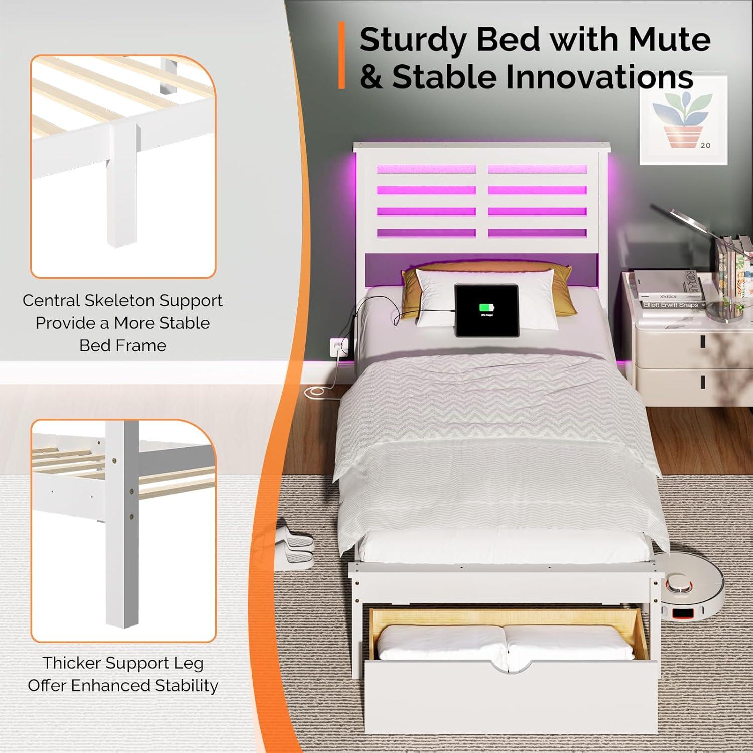 imageVINGLI Twin Bed Frame Solid Wood Platform Single Bed with Headboard No Box Spring Needed Panel Bed Wood Slat Support Mattress Foundation GrayLed White
