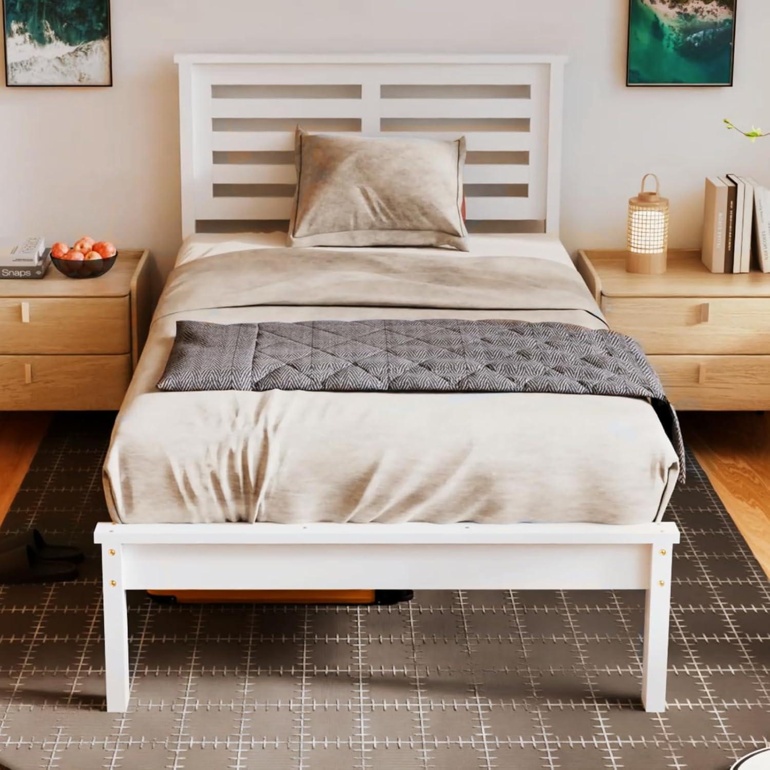 imageVINGLI Twin Bed Frame Solid Wood Platform Single Bed with Headboard No Box Spring Needed Panel Bed Wood Slat Support Mattress Foundation GrayLed White