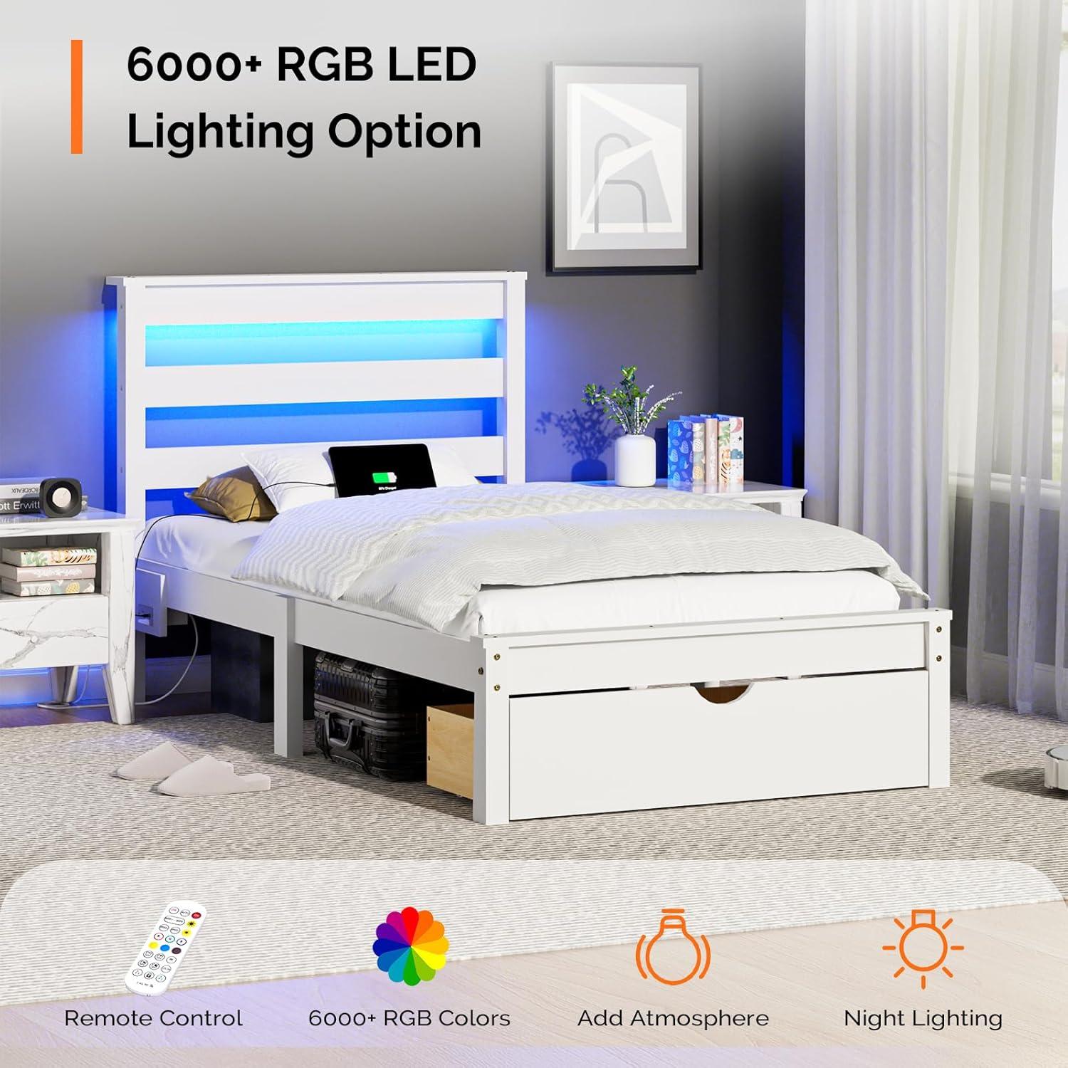 imageVINGLI Twin Bed Frame Solid Wood Platform Single Bed with Headboard No Box Spring Needed Panel Bed Wood Slat Support Mattress Foundation GrayLed White