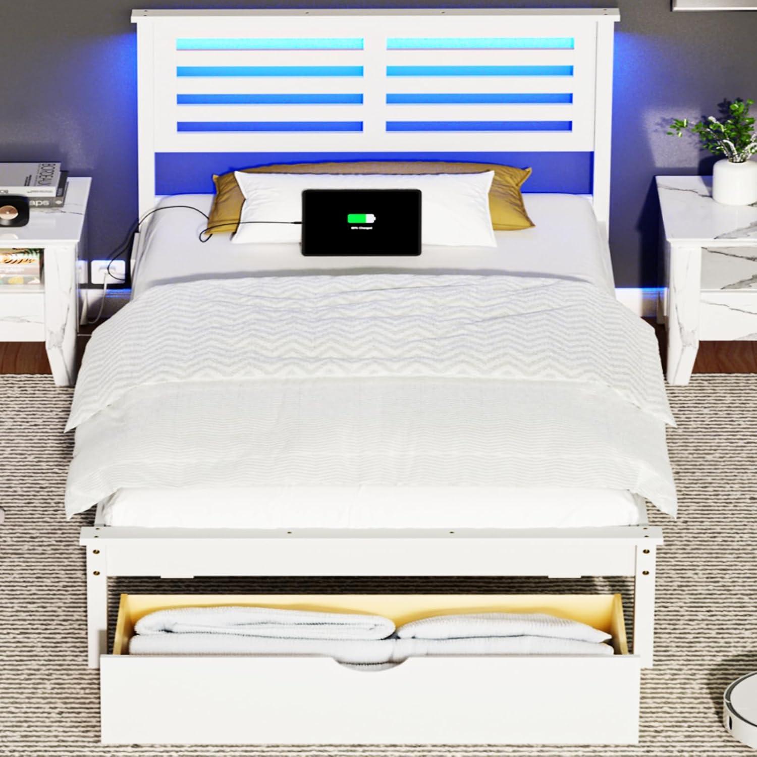 imageVINGLI Twin Bed Frame Solid Wood Platform Single Bed with Headboard No Box Spring Needed Panel Bed Wood Slat Support Mattress Foundation GrayLed White