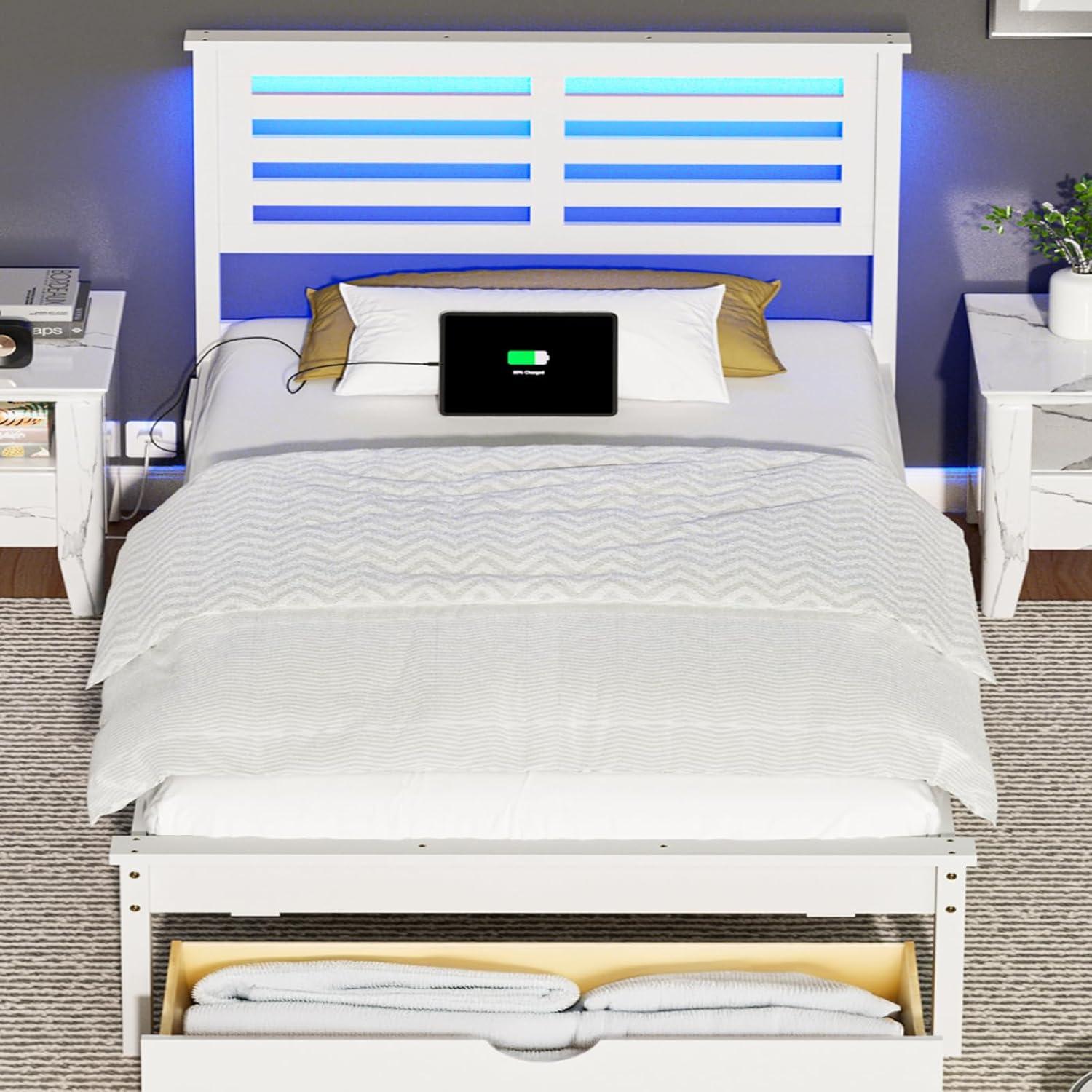 imageVINGLI Twin Bed Frame Solid Wood Platform Single Bed with Headboard No Box Spring Needed Panel Bed Wood Slat Support Mattress Foundation GrayLed White