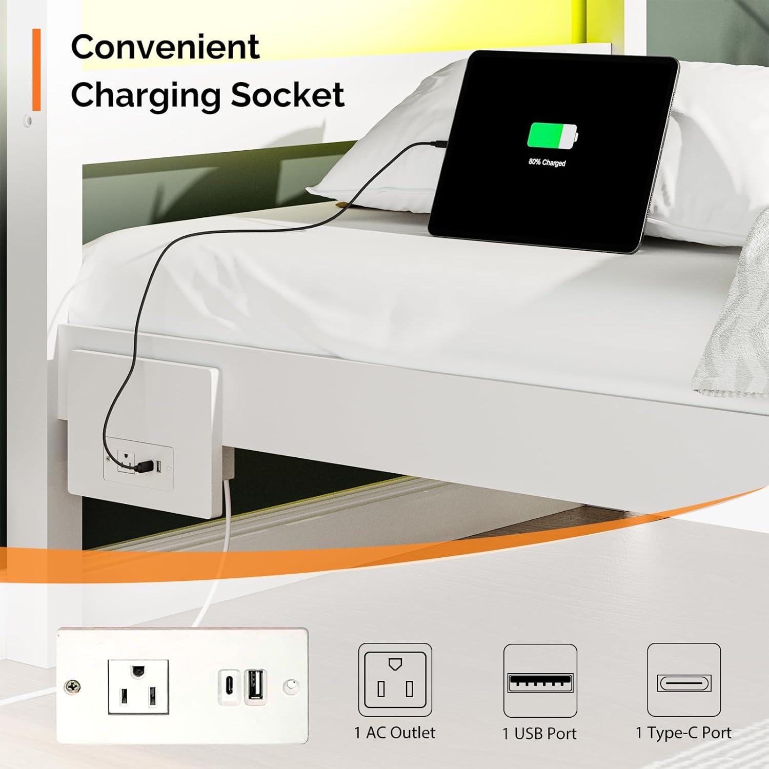 imageVINGLI Twin Bed Frame Solid Wood Platform Single Bed with Headboard No Box Spring Needed Panel Bed Wood Slat Support Mattress Foundation GrayLed White