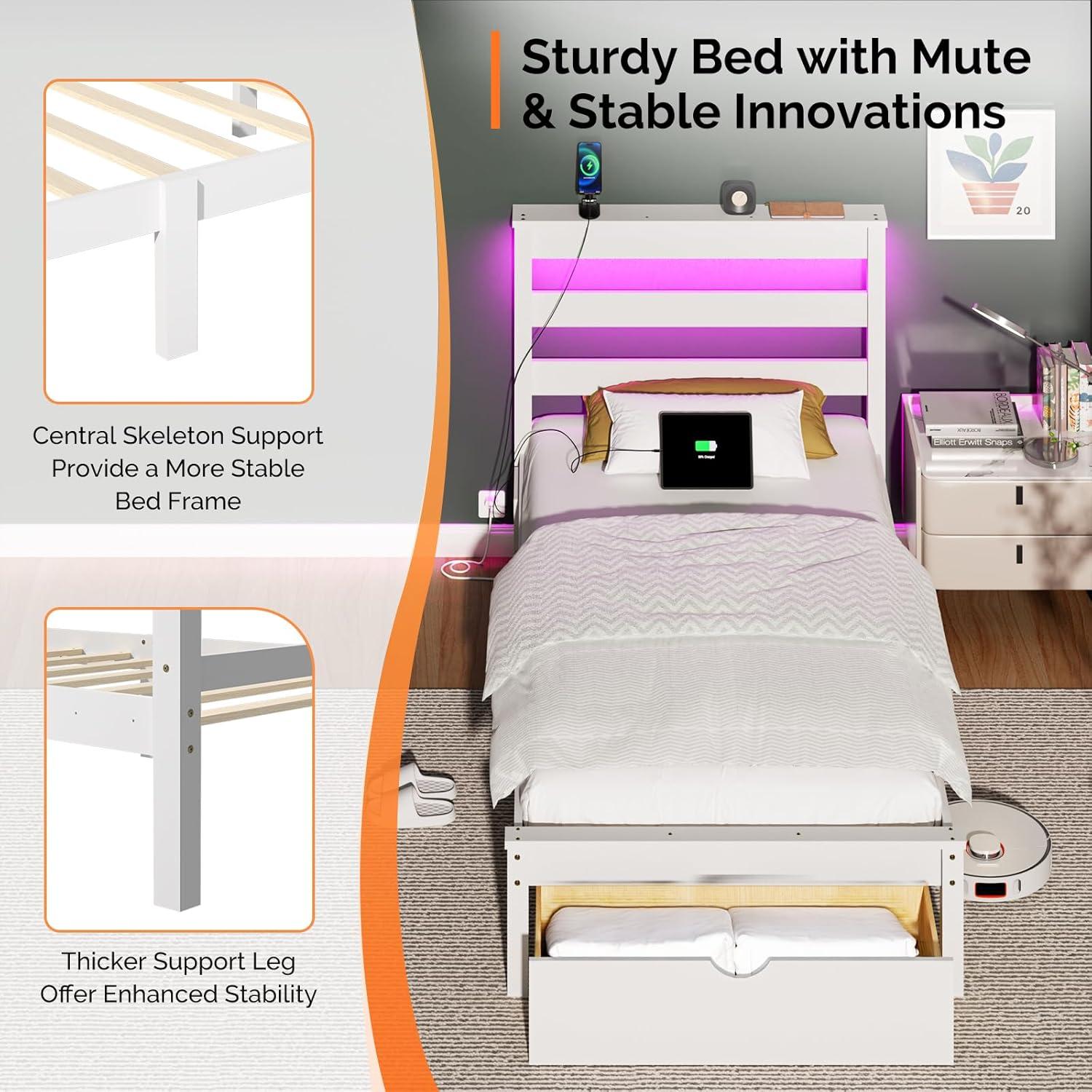 imageVINGLI Twin Bed Frame Solid Wood Platform Single Bed with Headboard No Box Spring Needed Panel Bed Wood Slat Support Mattress Foundation GrayLed White