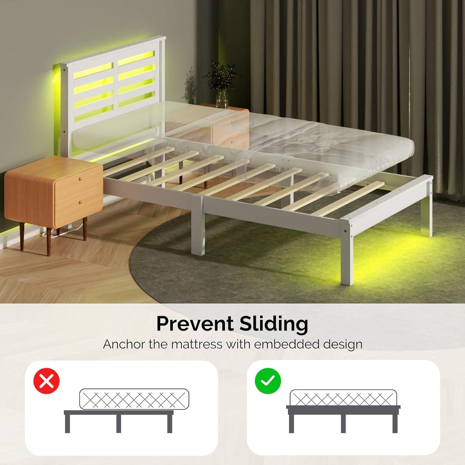imageVINGLI Twin Bed Frame Solid Wood Platform Single Bed with Headboard No Box Spring Needed Panel Bed Wood Slat Support Mattress Foundation GrayLed White