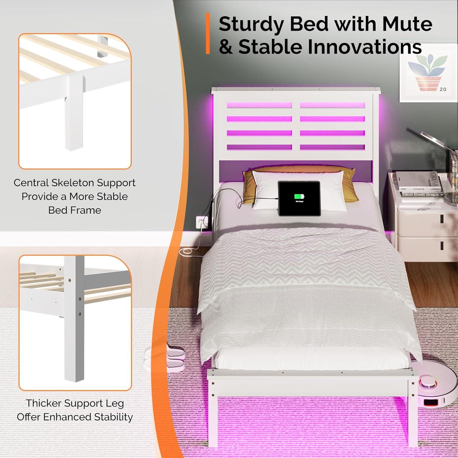 imageVINGLI Twin Bed Frame Solid Wood Platform Single Bed with Headboard No Box Spring Needed Panel Bed Wood Slat Support Mattress Foundation GrayLed White