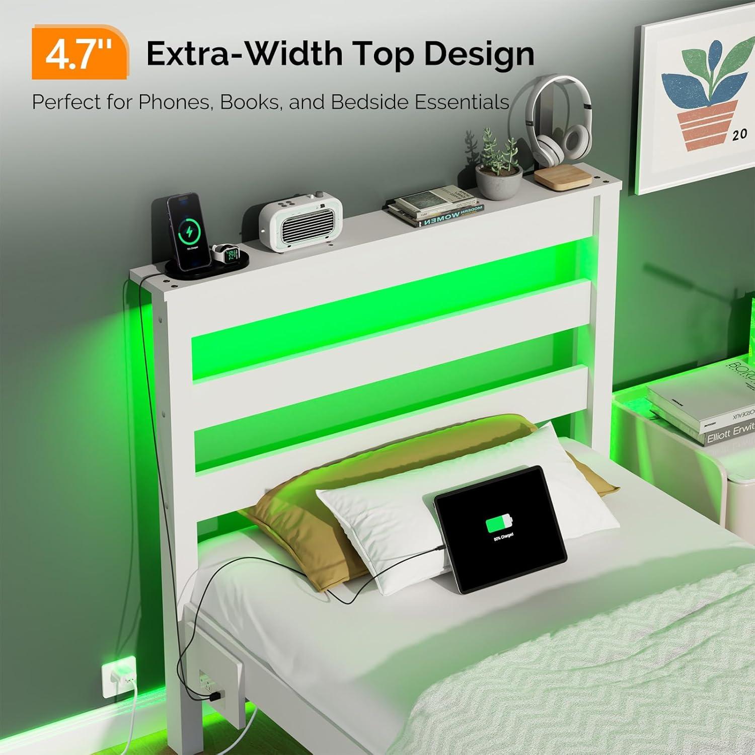 imageVINGLI Twin Bed Frame Solid Wood Platform Single Bed with Headboard No Box Spring Needed Panel Bed Wood Slat Support Mattress Foundation GrayLed White