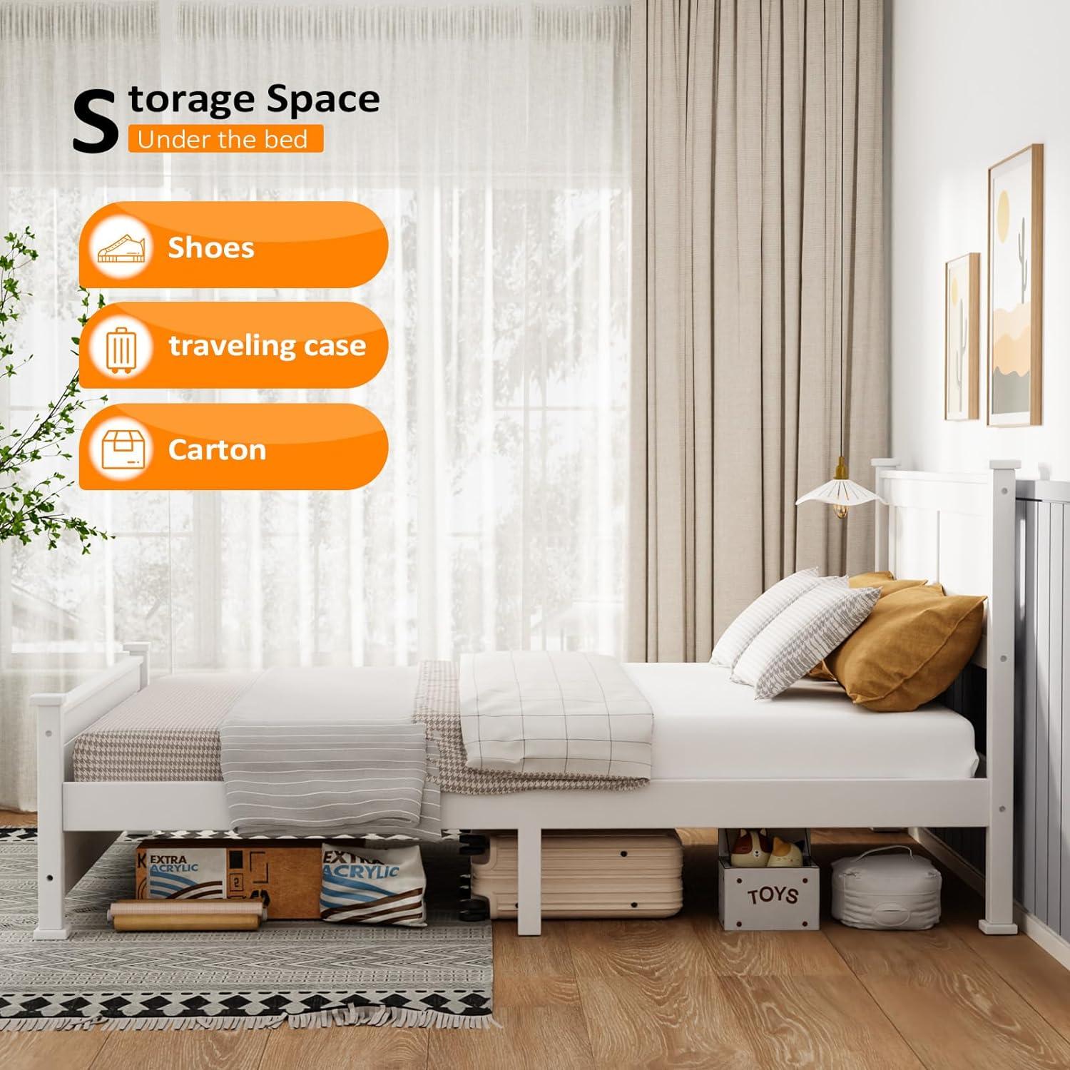 imageVINGLI Twin Bed Frame Solid Wood Platform Single Bed with Headboard No Box Spring Needed Panel Bed Wood Slat Support Mattress Foundation GrayWhite