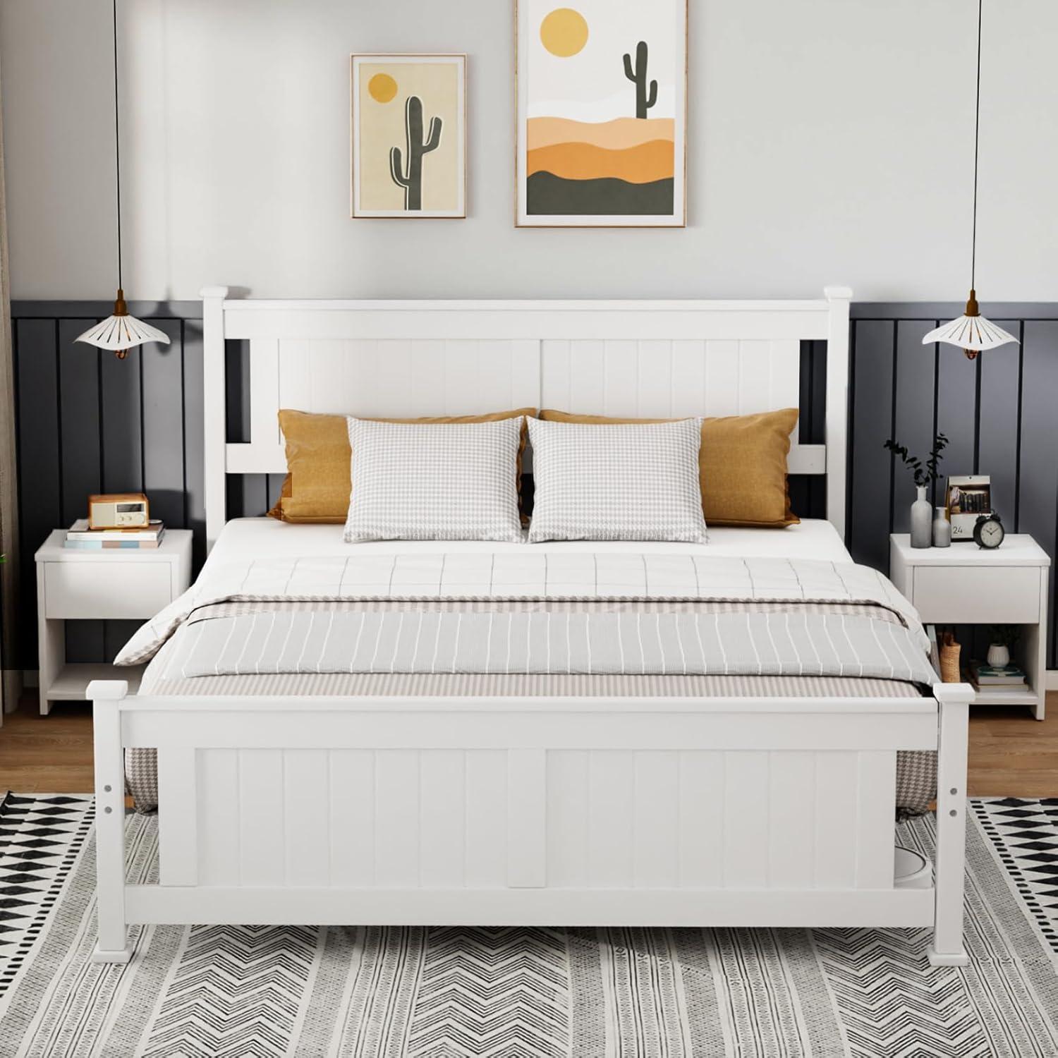 imageVINGLI Twin Bed Frame Solid Wood Platform Single Bed with Headboard No Box Spring Needed Panel Bed Wood Slat Support Mattress Foundation GrayWhite