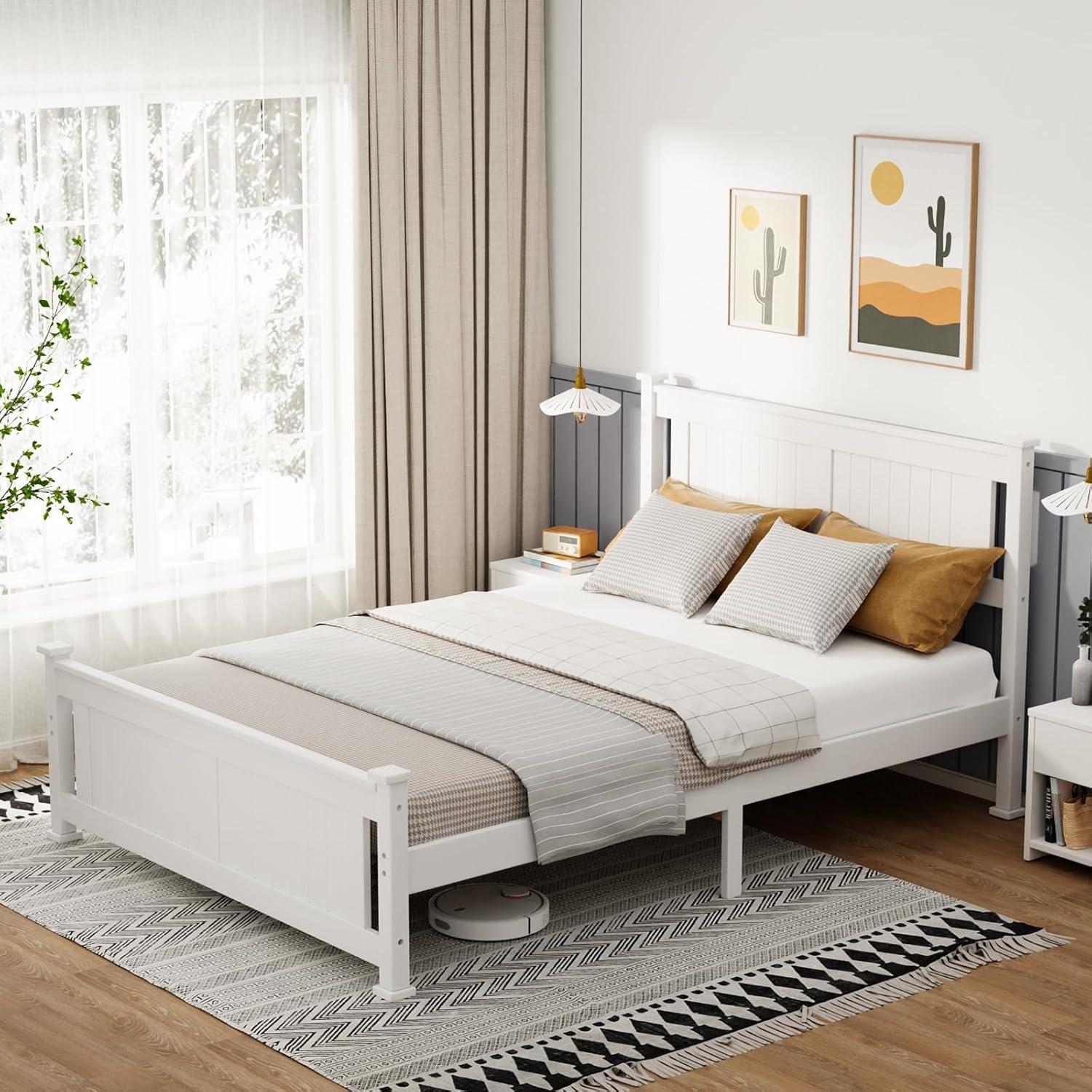 imageVINGLI Twin Bed Frame Solid Wood Platform Single Bed with Headboard No Box Spring Needed Panel Bed Wood Slat Support Mattress Foundation GrayWhite