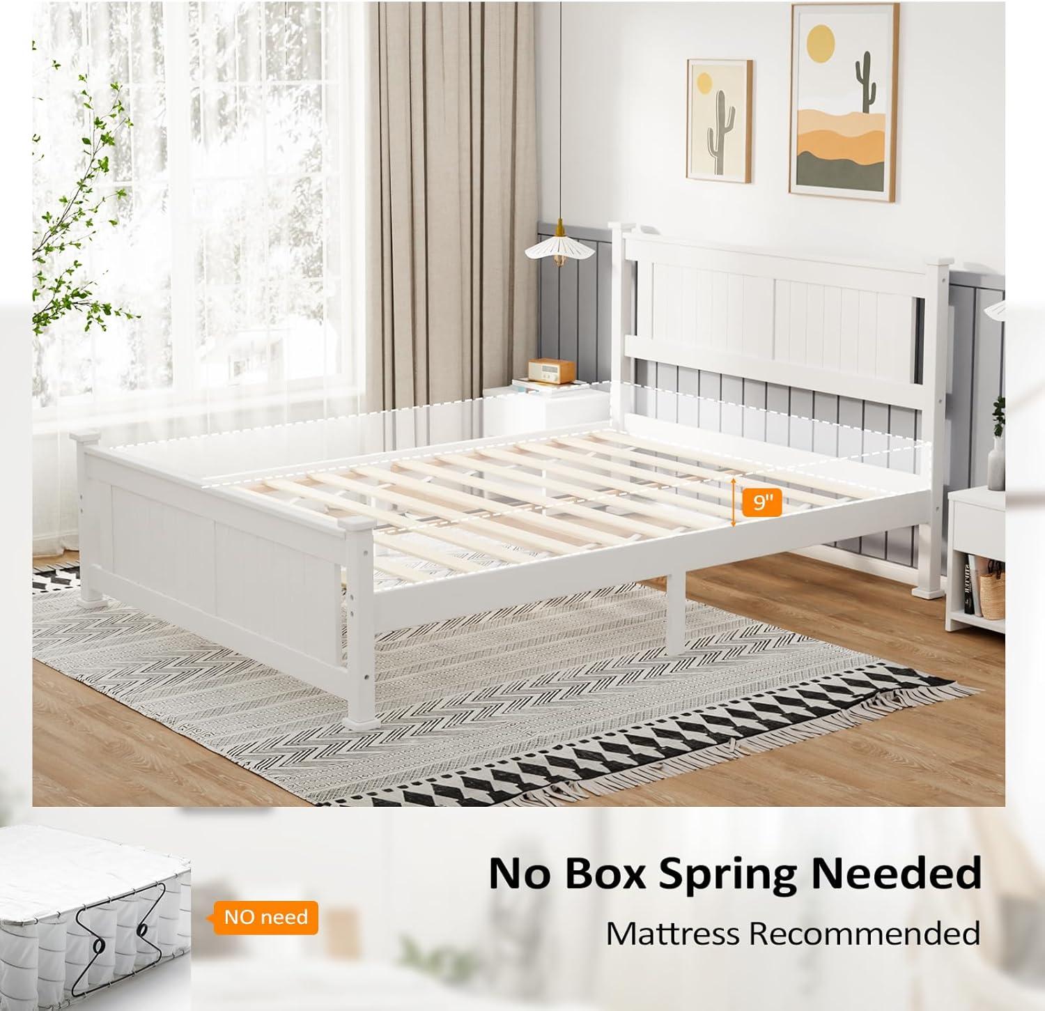 imageVINGLI Twin Bed Frame Solid Wood Platform Single Bed with Headboard No Box Spring Needed Panel Bed Wood Slat Support Mattress Foundation GrayWhite